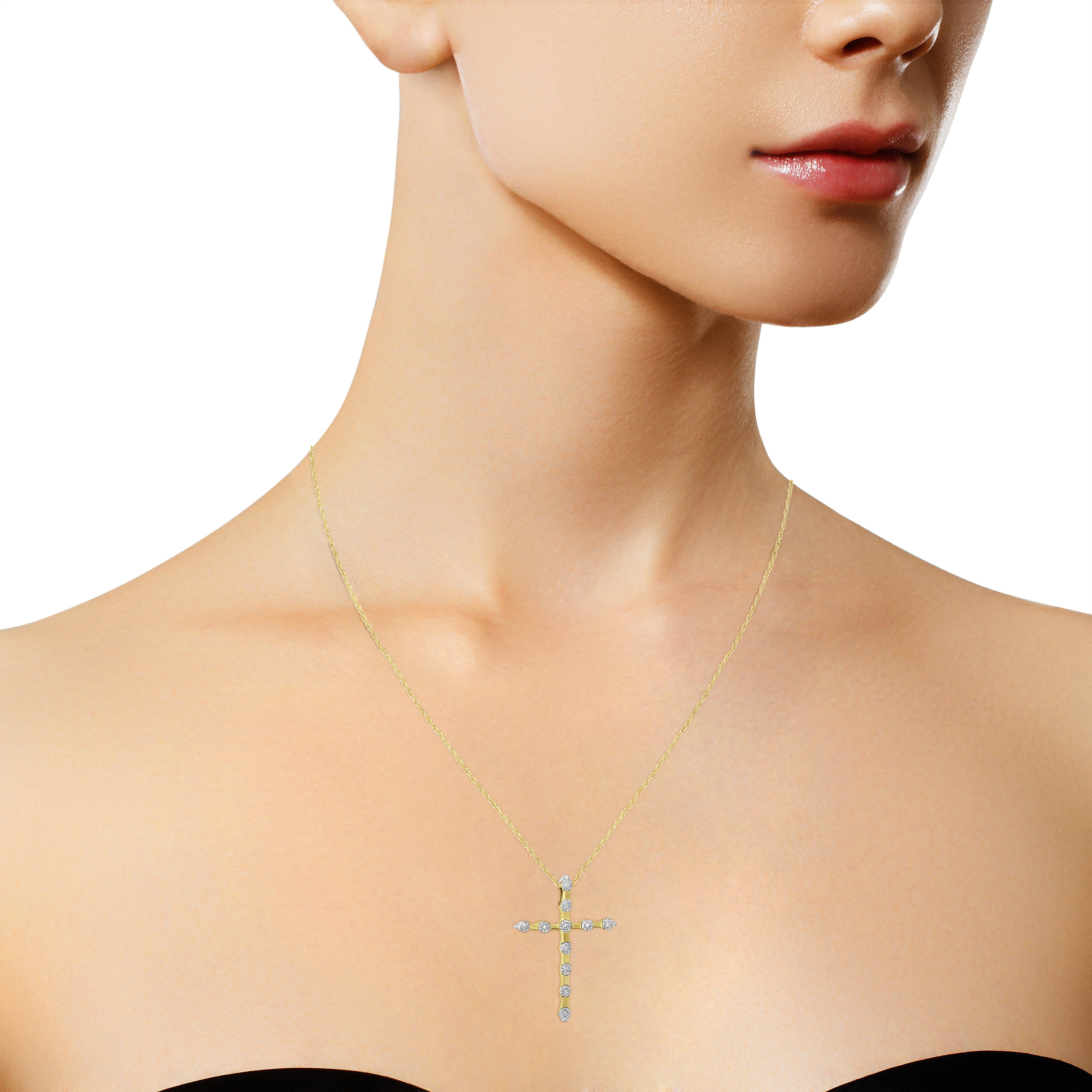 Round Cut 10K Yellow Gold Plated Sterling Silver Diamond Accent Cross Pendant Necklace For Sale