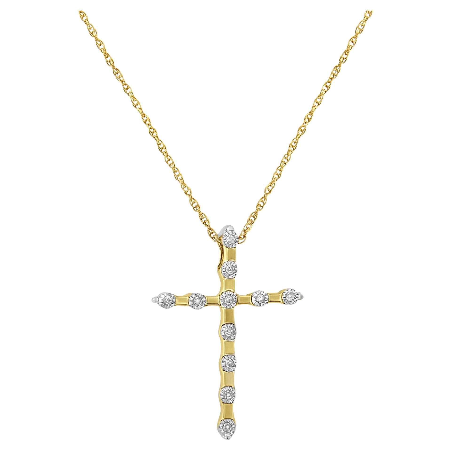 10K Yellow Gold Plated Sterling Silver Diamond Accent Cross Pendant Necklace For Sale