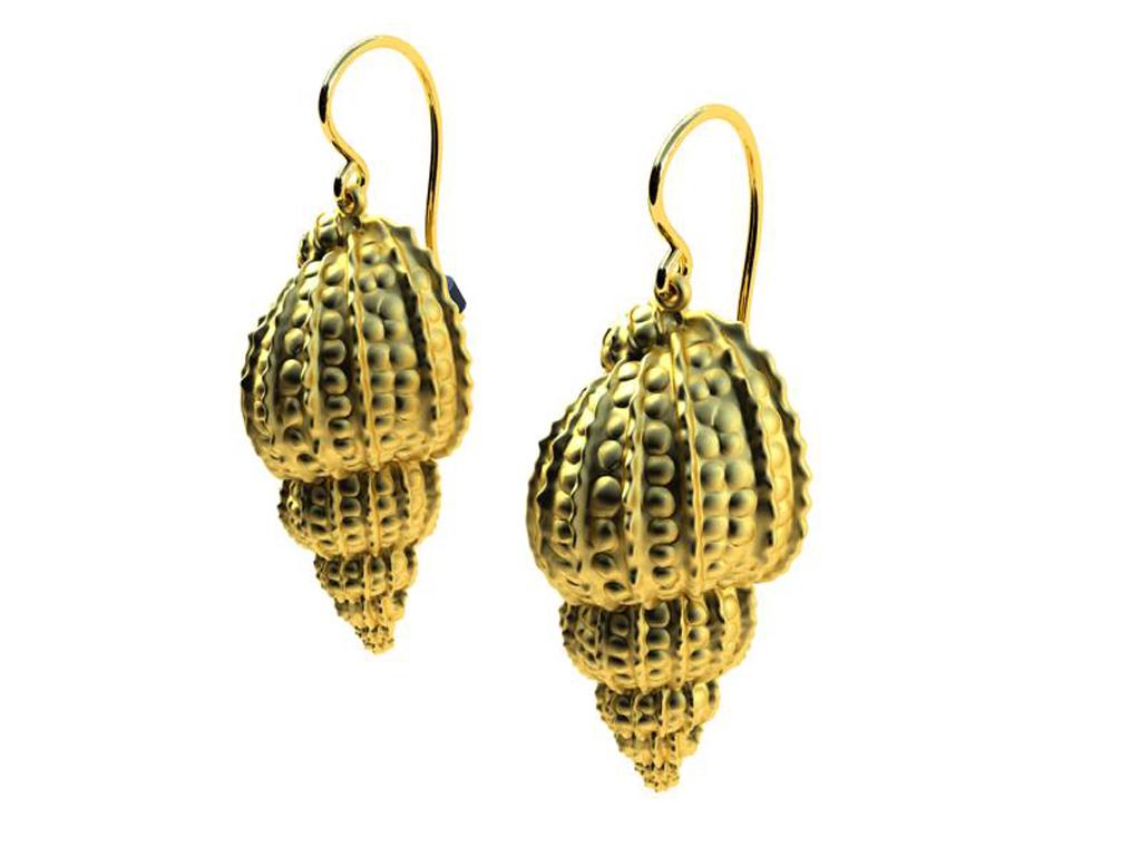 10K Yellow Gold Polka Dot Shell Earrings, The Ocean Series ,  In time for the Summer beach nights.  With vertical bumps and extra dots to accentuate this shell . Shell is 28 x 15 mm . With hook 40mm . { 1.5 inches }
Matte finish. 
Made to order
