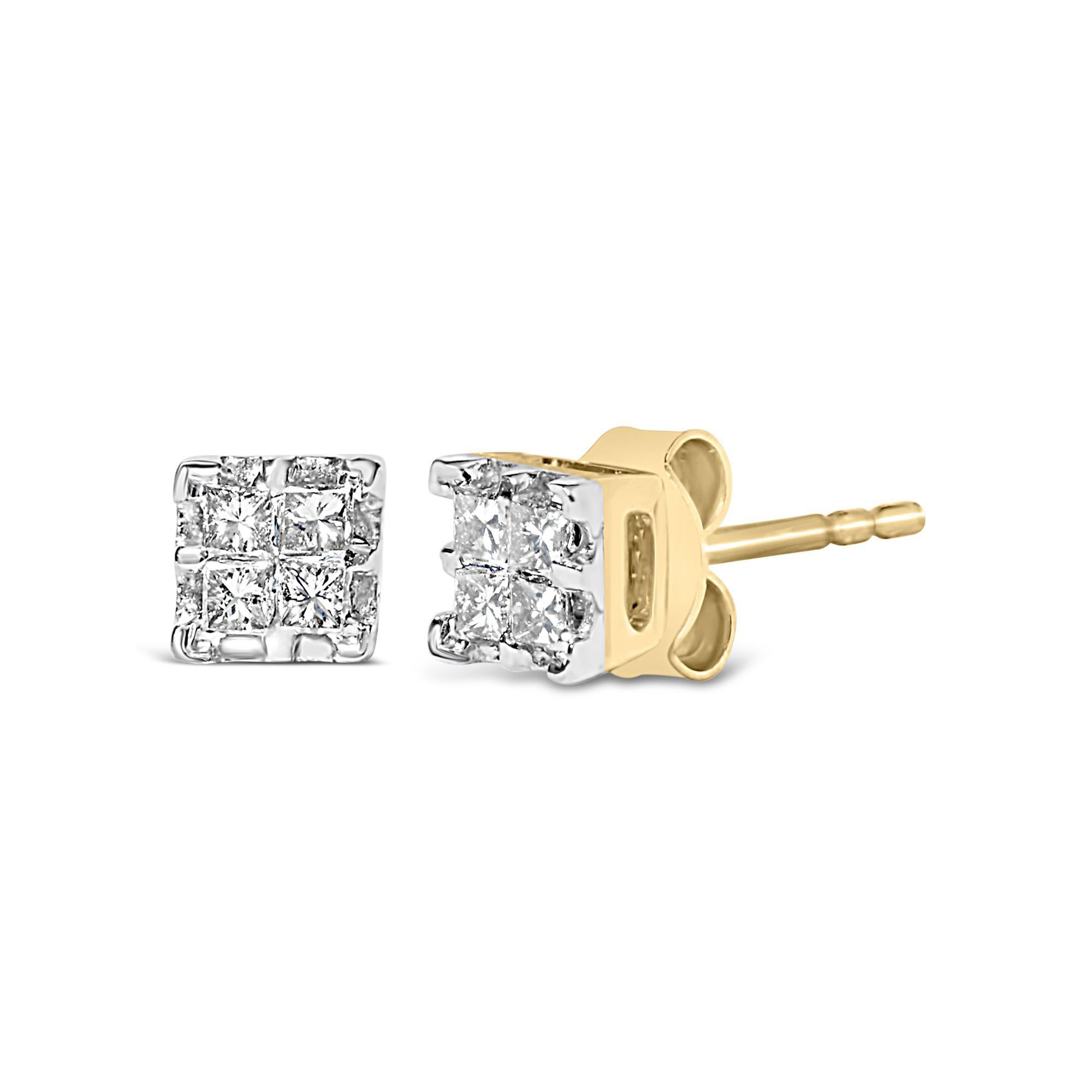 Possédez une paire de boucles d'oreilles de princesse avec ces délicats clous d'oreilles en diamant sertis dans de l'or jaune 10K. La clarté et l'éclat des diamants de taille princesse de 0,26 carat s'associent parfaitement à l'or jaune luxueux.