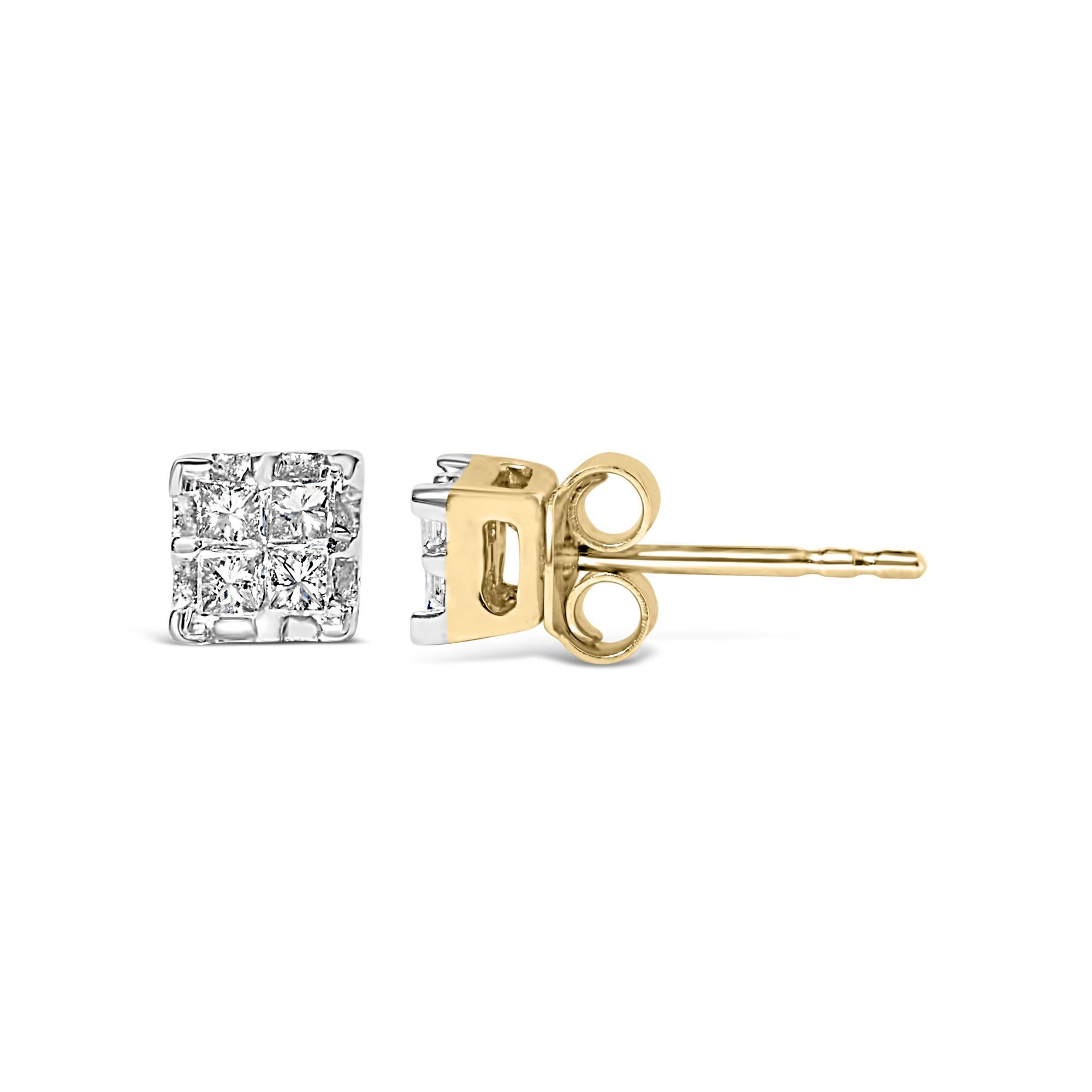 Moderne Boucles d'oreilles en or jaune 10K Princesse 1/4 cttw Diamond Quad en vente
