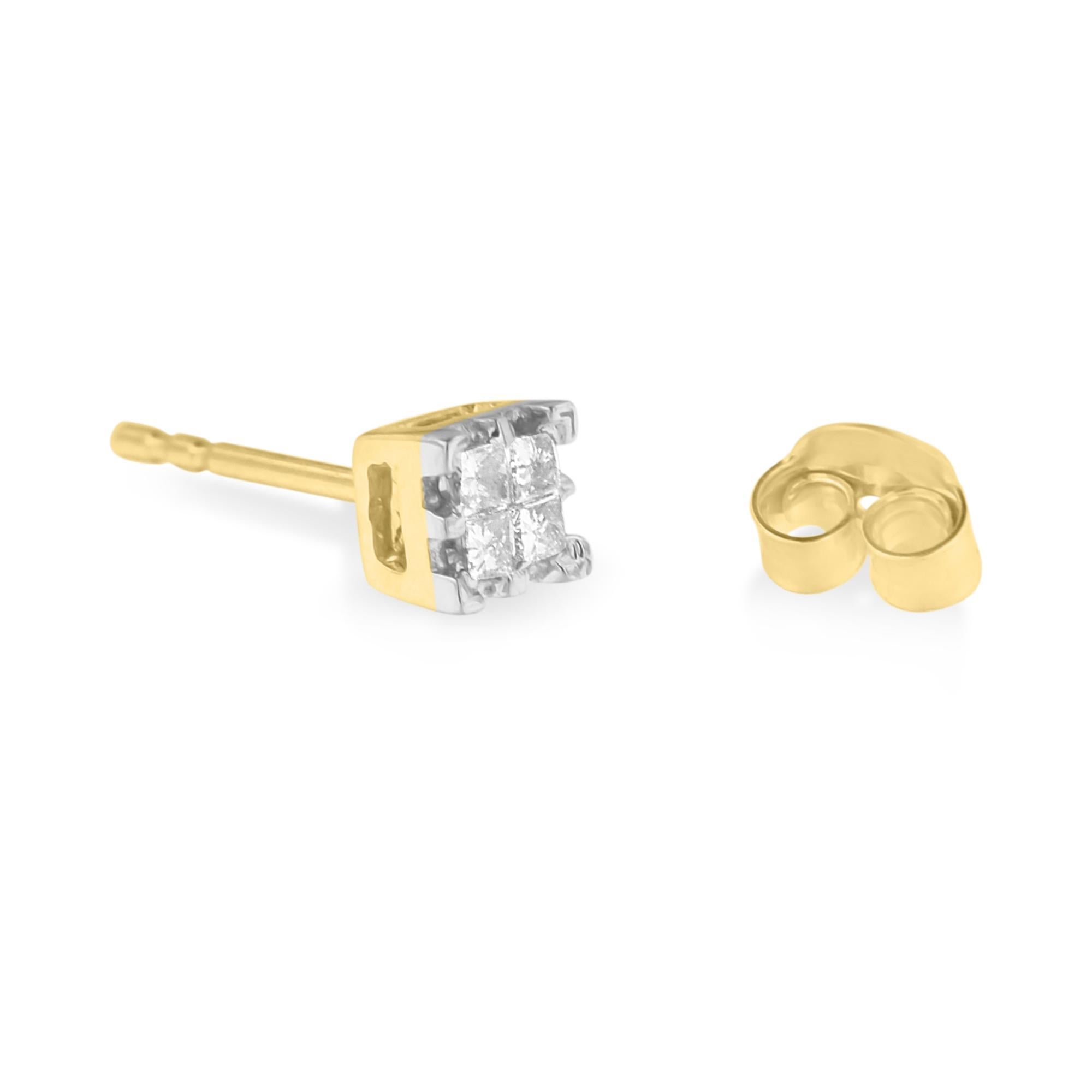 Taille princesse Boucles d'oreilles en or jaune 10K Princesse 1/4 cttw Diamond Quad en vente