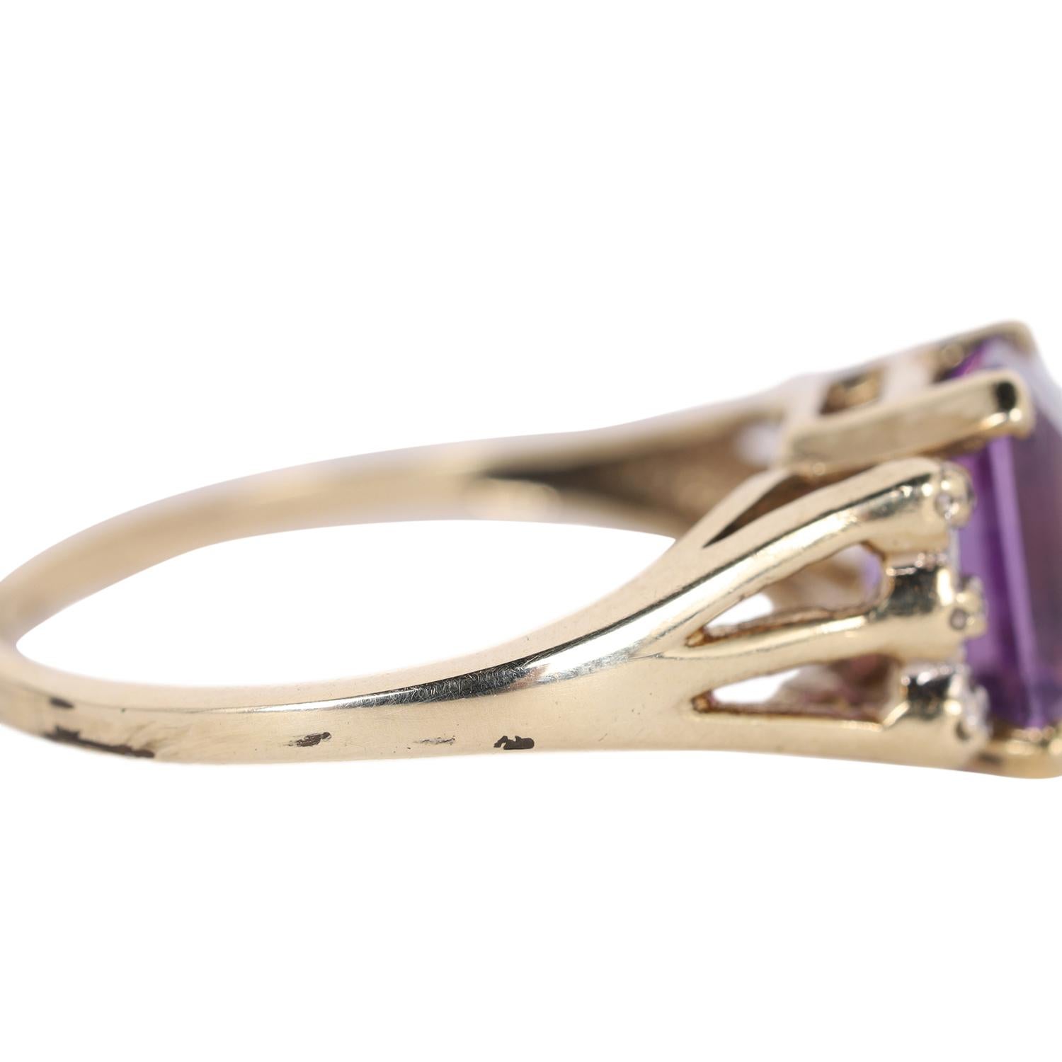 10K Yellow Gold Purple Amethyst Diamond Emerald Cut Ring Size 6.5 1