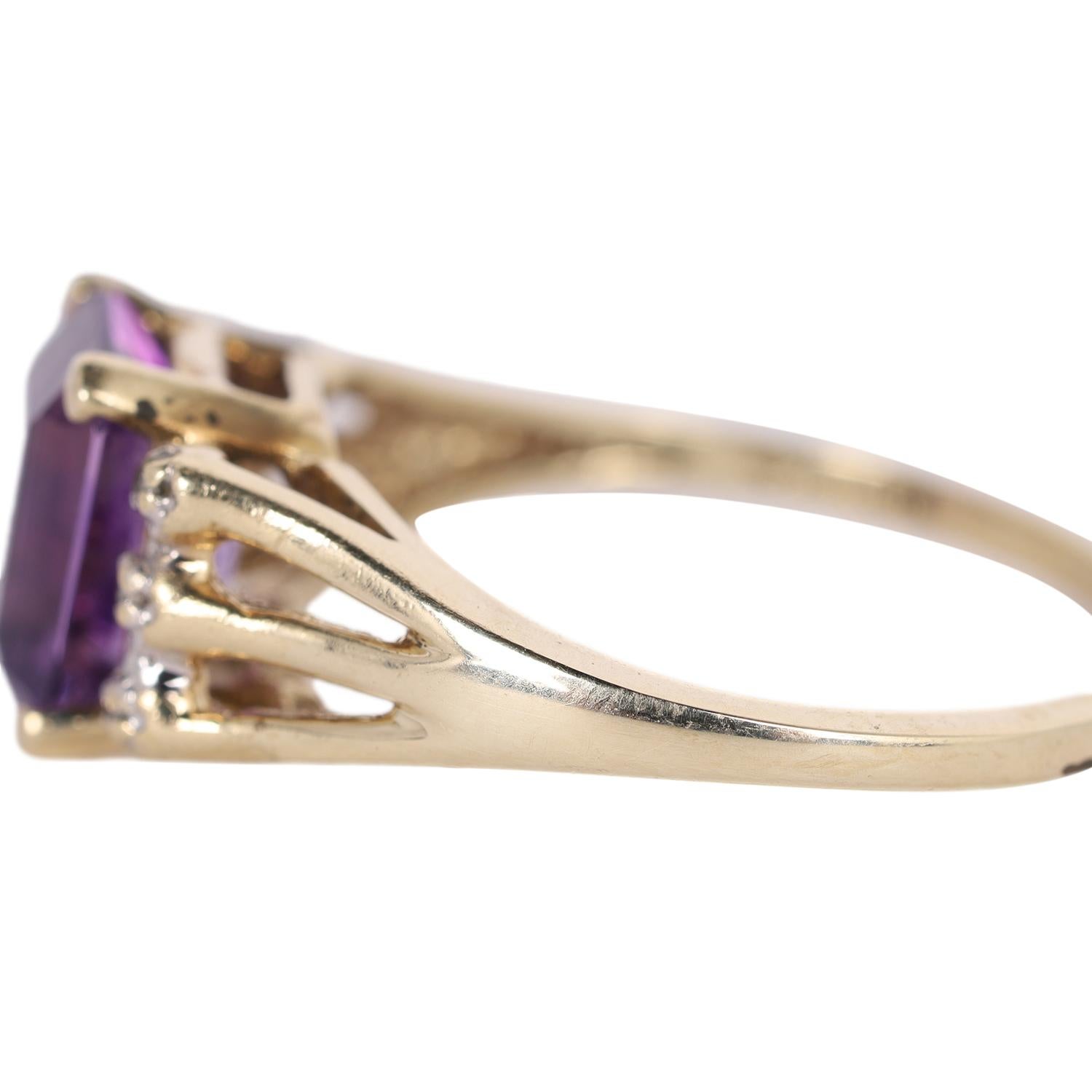 10K Yellow Gold Purple Amethyst Diamond Emerald Cut Ring Size 6.5 2