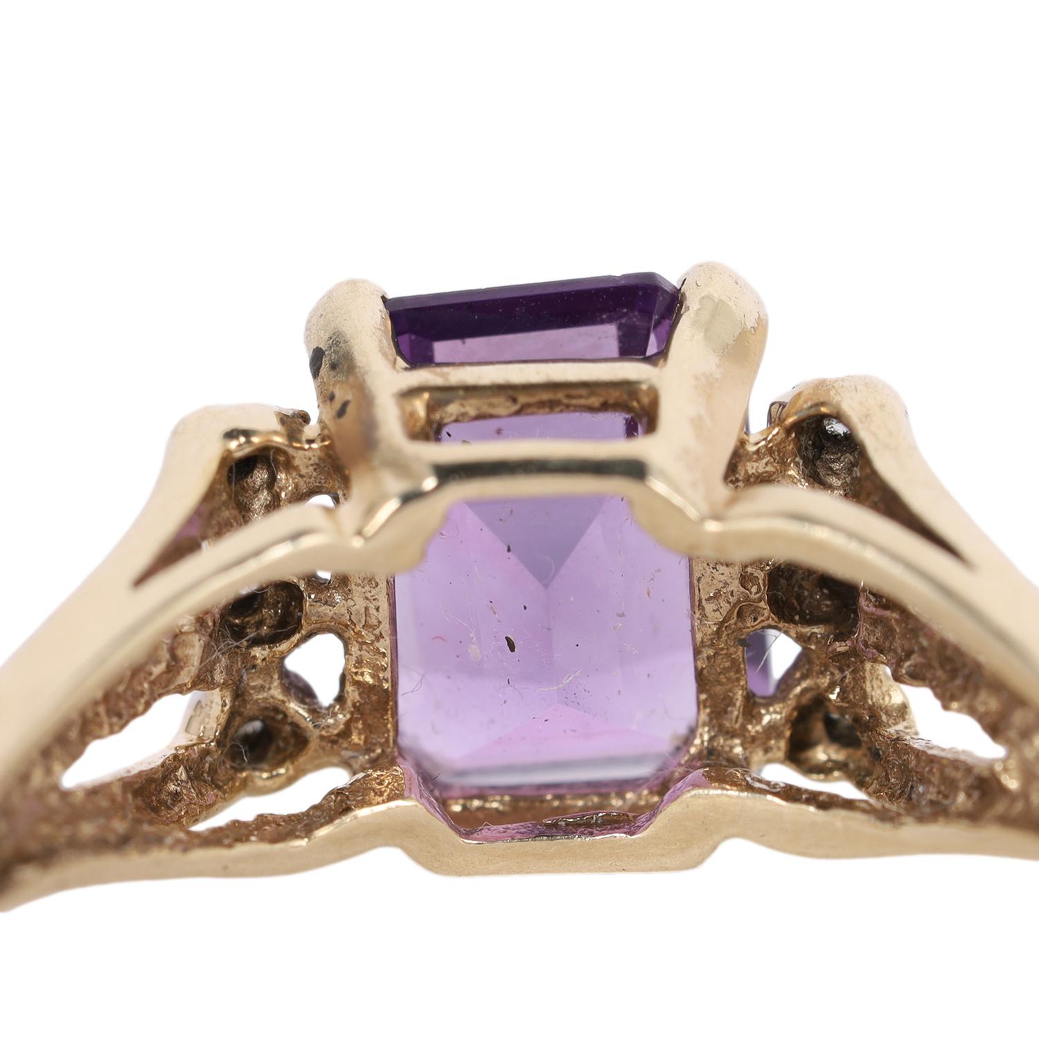 10K Yellow Gold Purple Amethyst Diamond Emerald Cut Ring Size 6.5 4