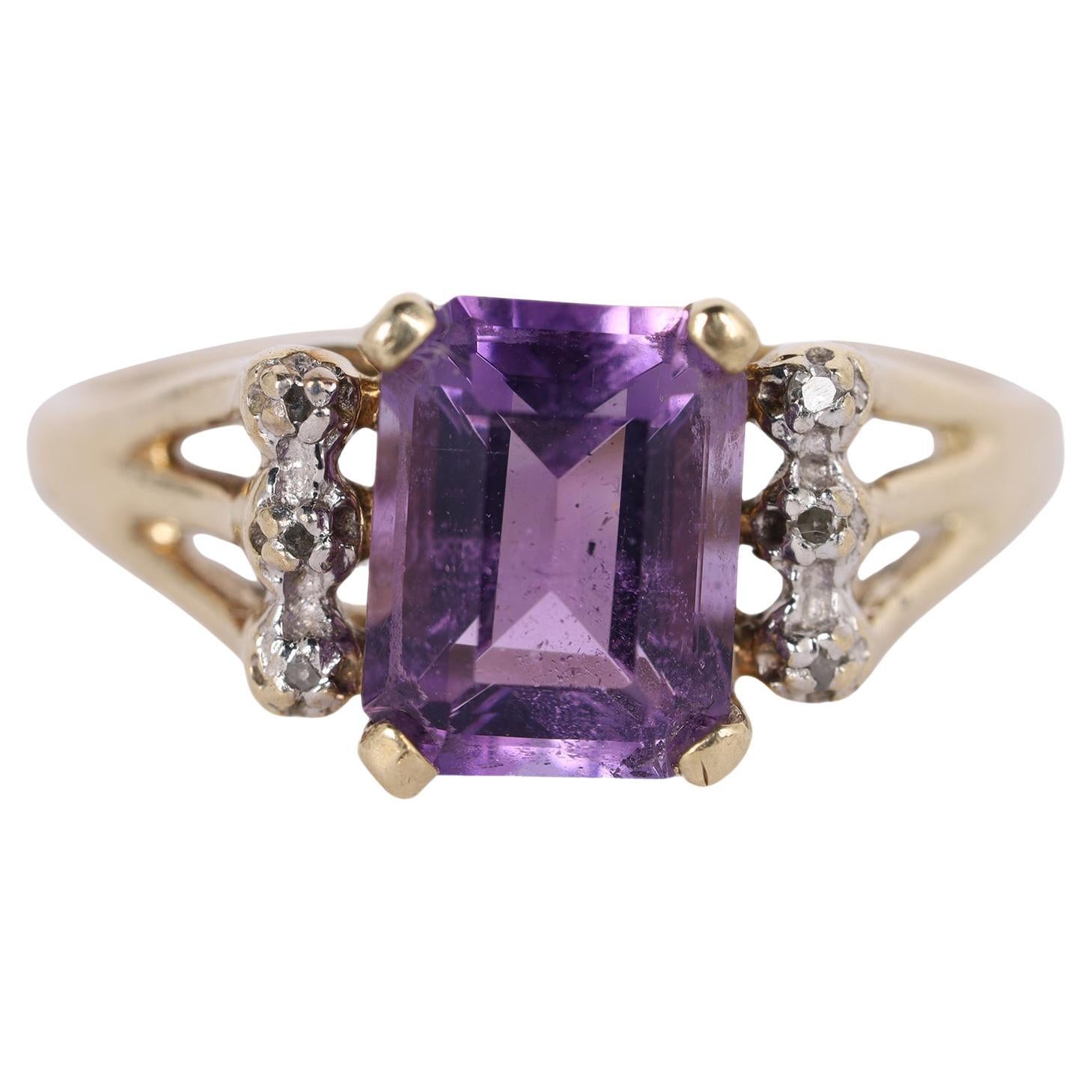 10K Yellow Gold Purple Amethyst Diamond Emerald Cut Ring Size 6.5