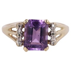 10K Yellow Gold Purple Amethyst Diamond Emerald Cut Ring Size 6.5
