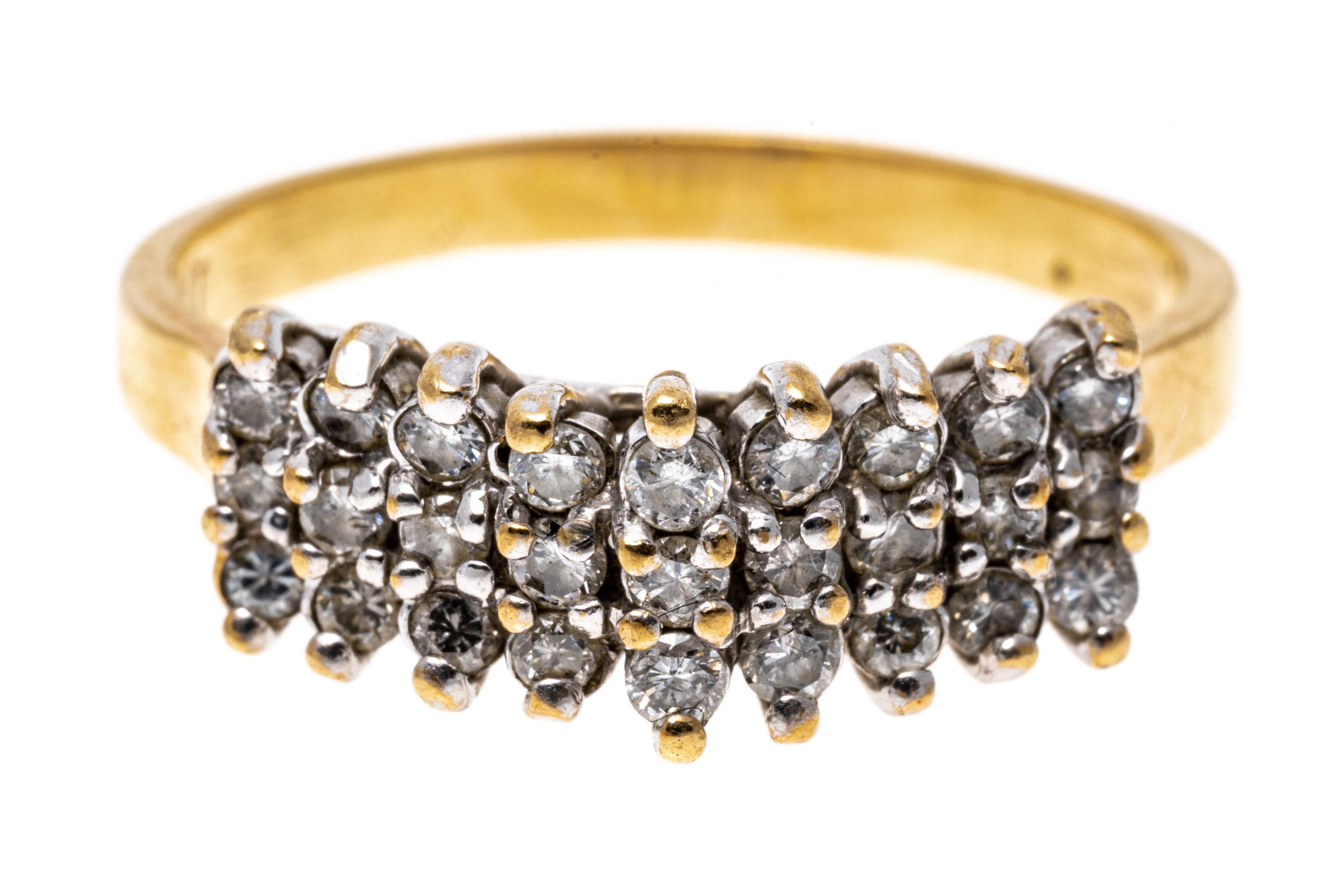 10k Yellow Gold Pyramidal Three Row Diamond Band Ring For Sale 2