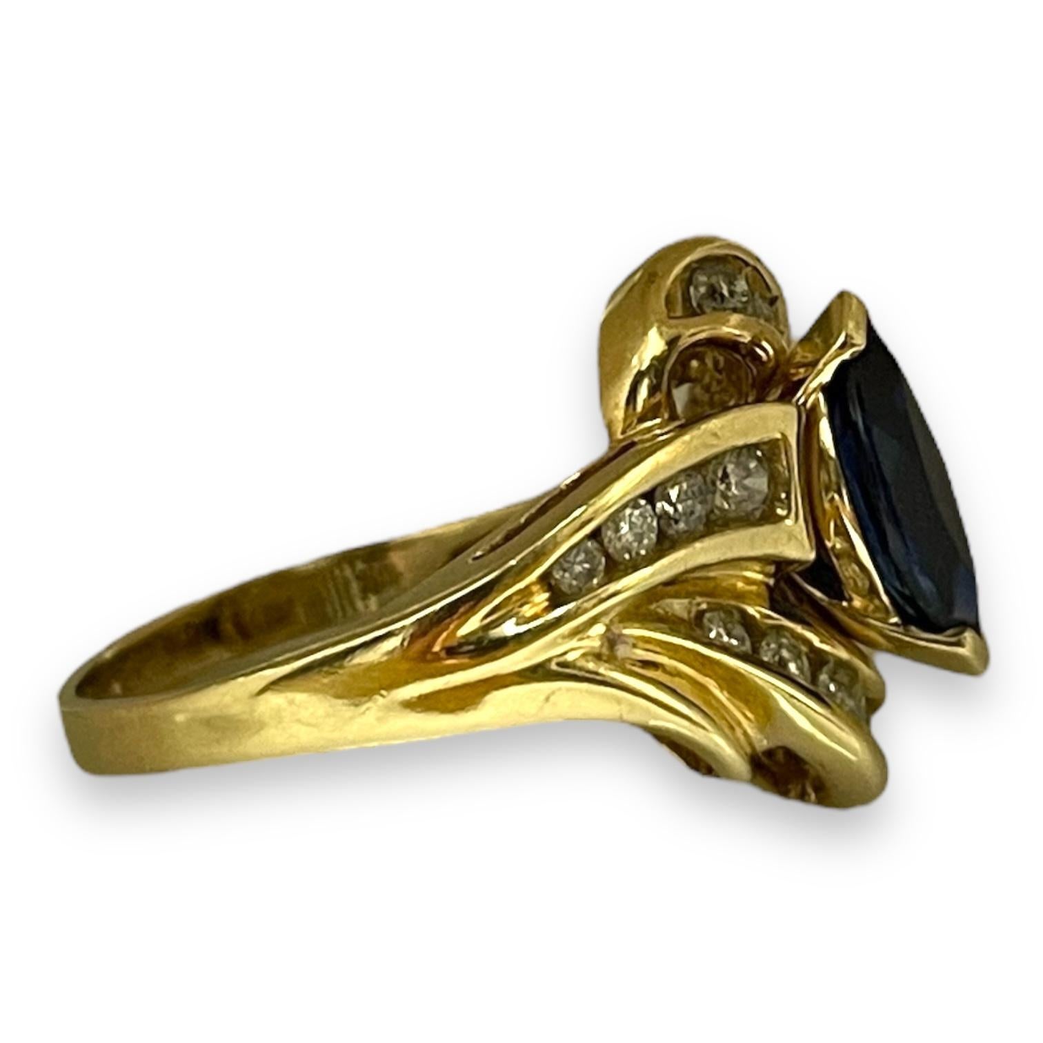 Marquise Cut Solid Yellow Gold Radiant Sapphire and Diamond Swirl Ring Size 6 For Sale