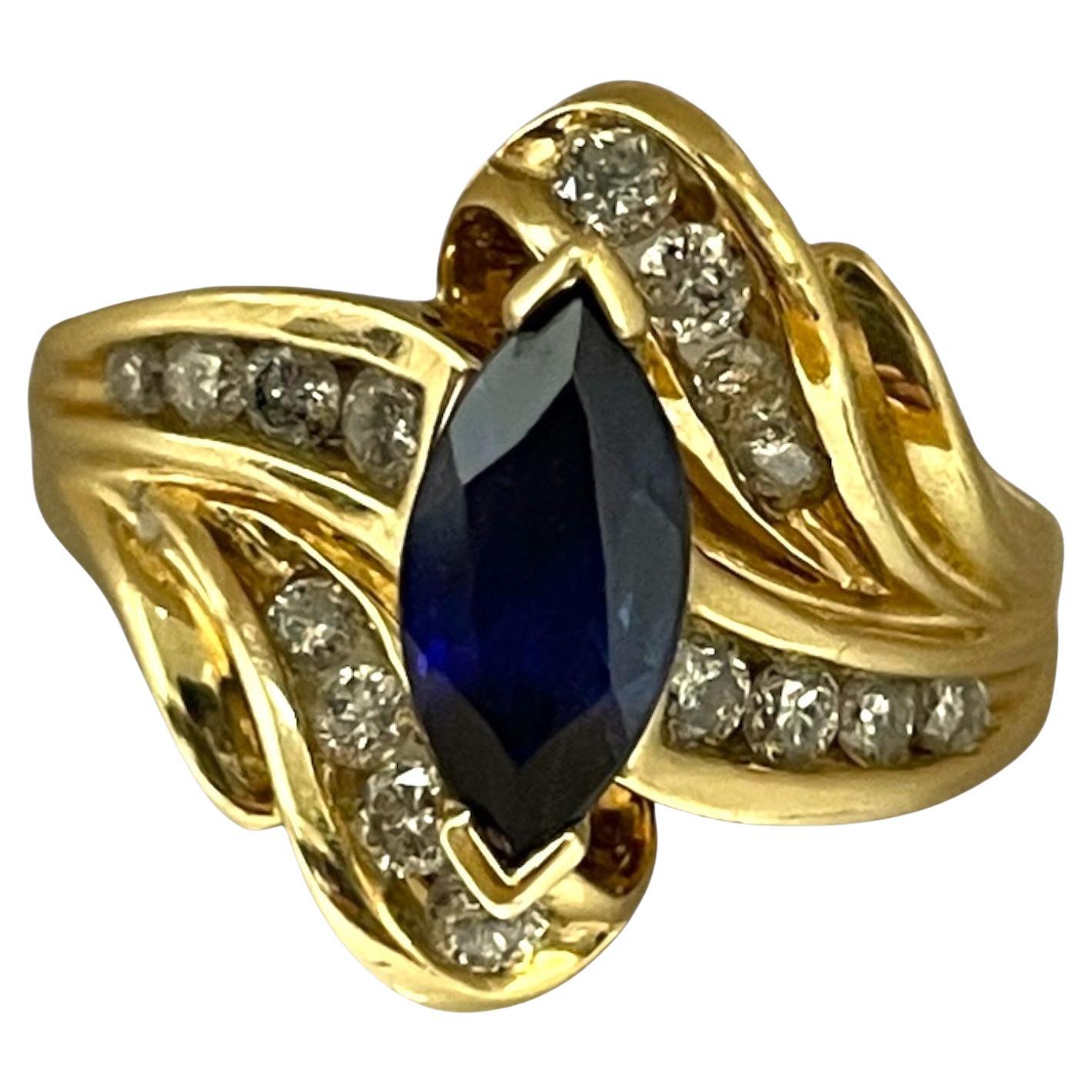Solid Yellow Gold Radiant Sapphire and Diamond Swirl Ring Size 6