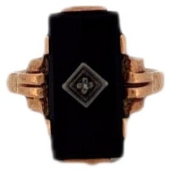 10K Yellow Gold Rectangle Onyx with Diamond Ring Art Deco