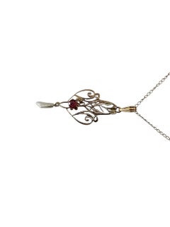 10K Yellow Gold Red Stone Pendant Necklace with Seed Pearl Drop #24366