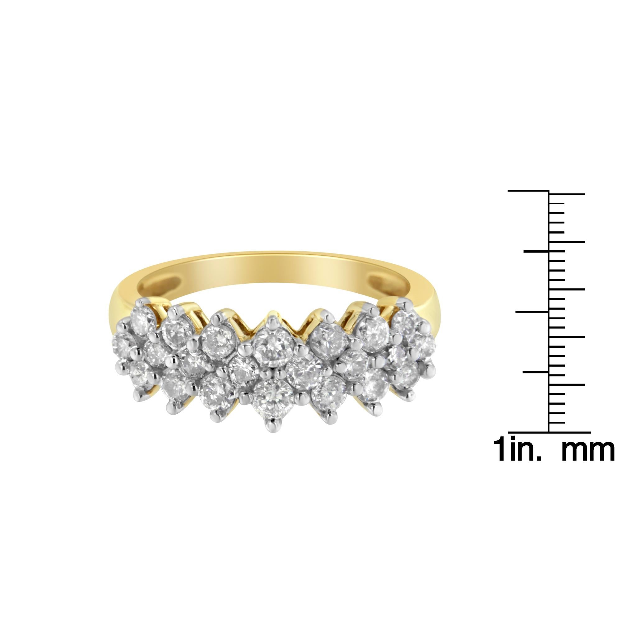 This diamond cluster band features 22 diamonds horizontally prong set in three rows along the 10 karat yellow gold band. The elongated prongs along the basket add interest to this classic design. The total diamond weight is 1 carat.

Product
