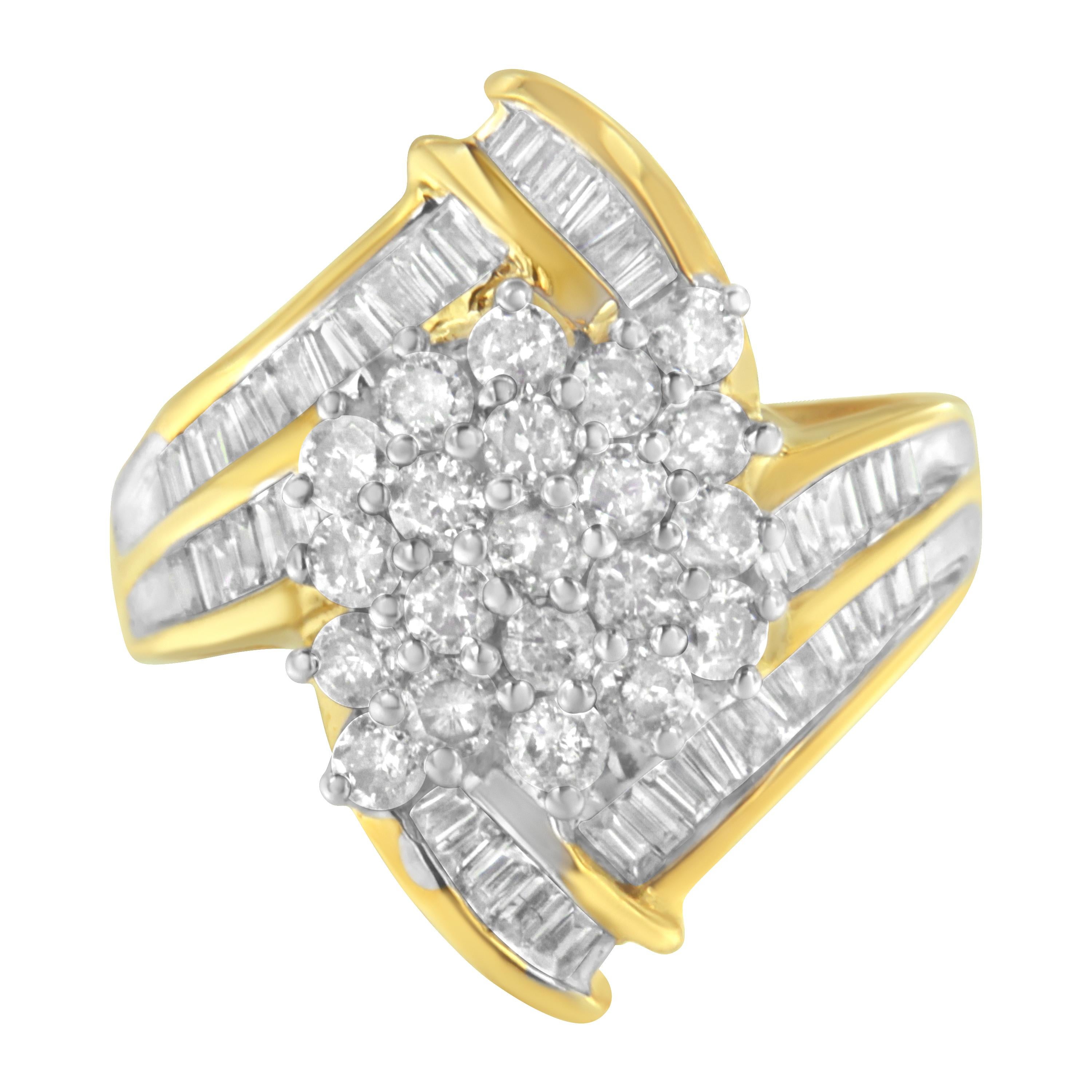 Elegant 10KT gold ring with gorgeous natural diamonds. The round- and baguette-cut stones sparkle beautifully in a prong setting. The chic design is sure to stand the test of time and works as a fashion piece, promise ring or anniversary
