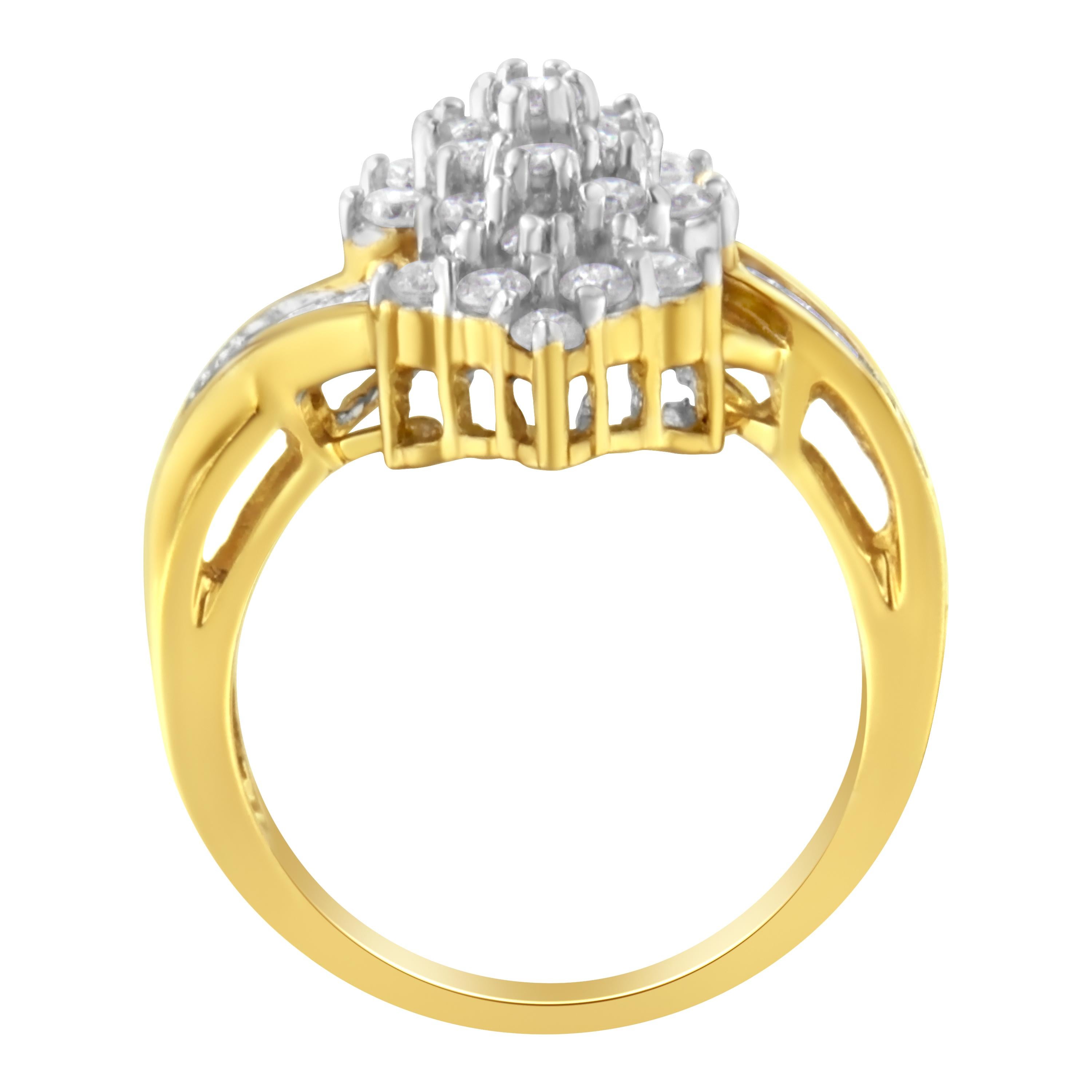 For Sale:  10K Yellow Gold Round and Baguette Cut 1 1/10 Carat Diamond Cluster Ring 2
