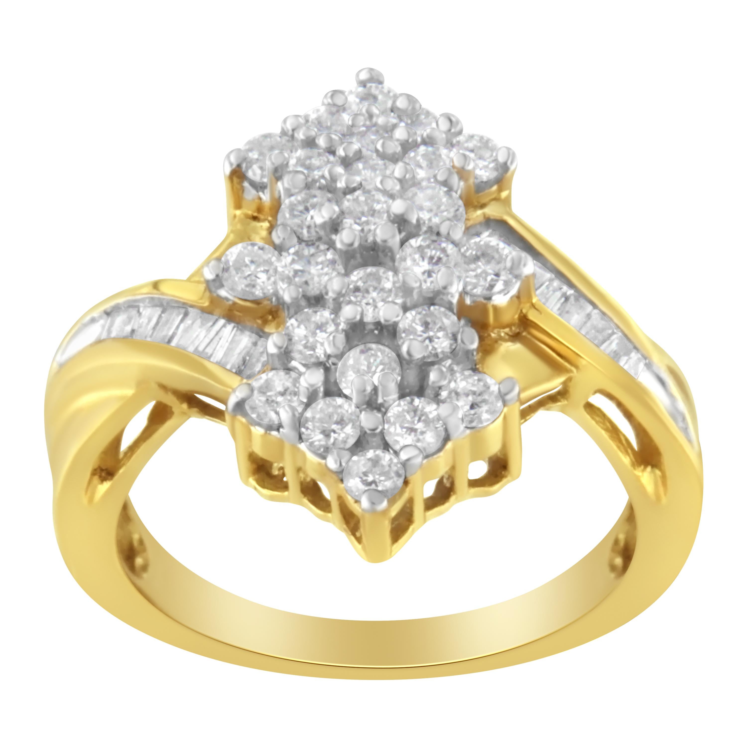For Sale:  10K Yellow Gold Round and Baguette Cut 1 1/10 Carat Diamond Cluster Ring 3