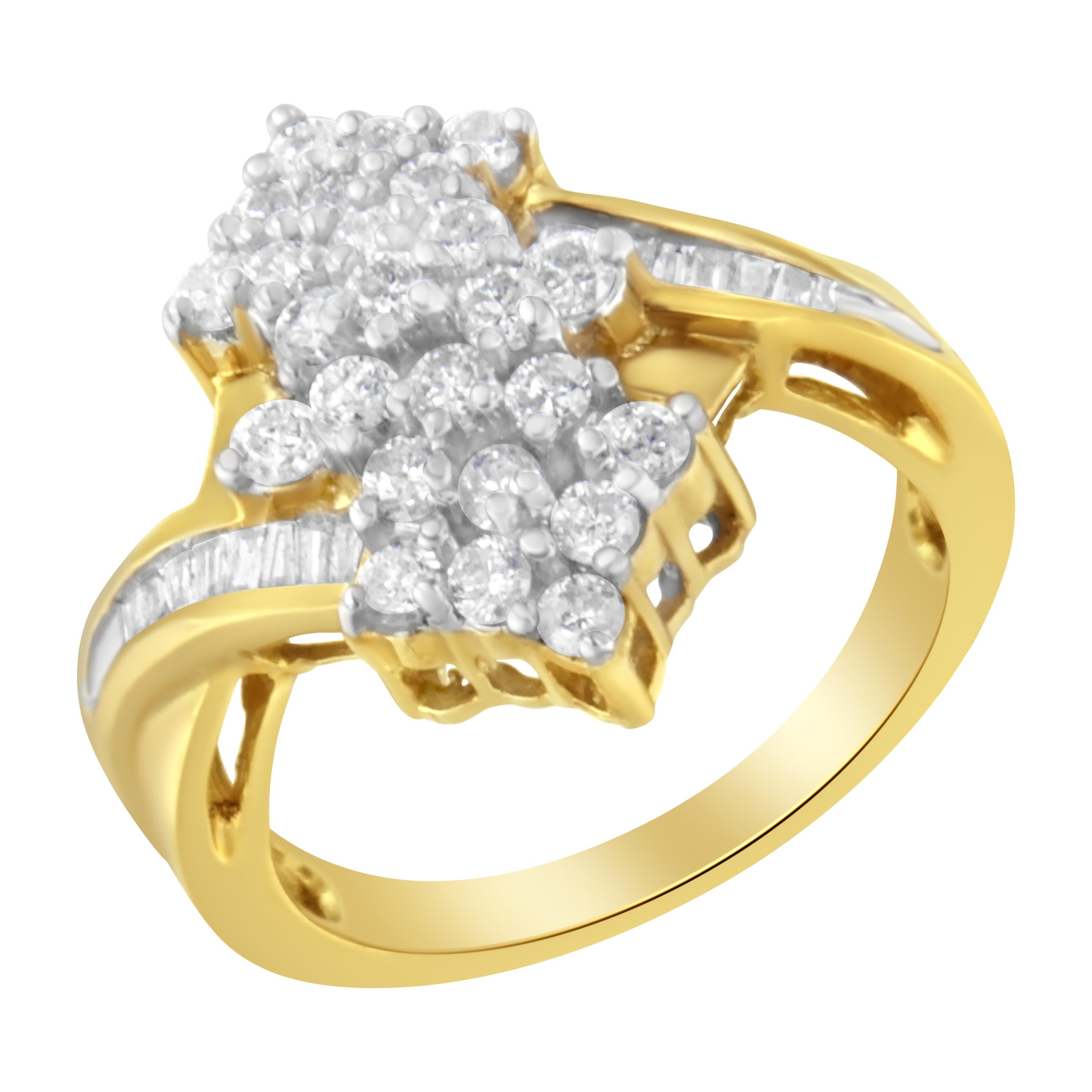 For Sale:  10K Yellow Gold Round and Baguette Cut 1 1/10 Carat Diamond Cluster Ring 4