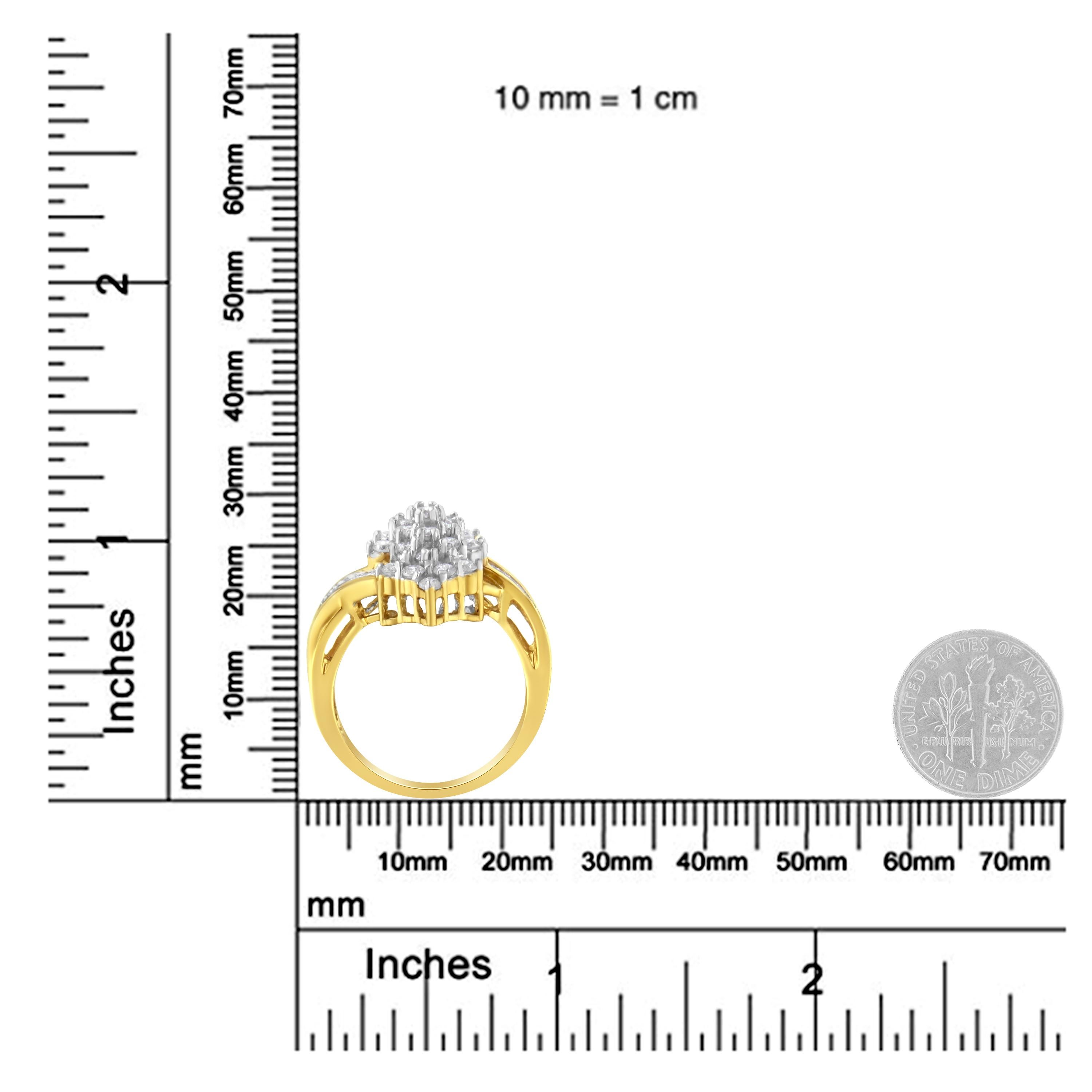 For Sale:  10K Yellow Gold Round and Baguette Cut 1 1/10 Carat Diamond Cluster Ring 7