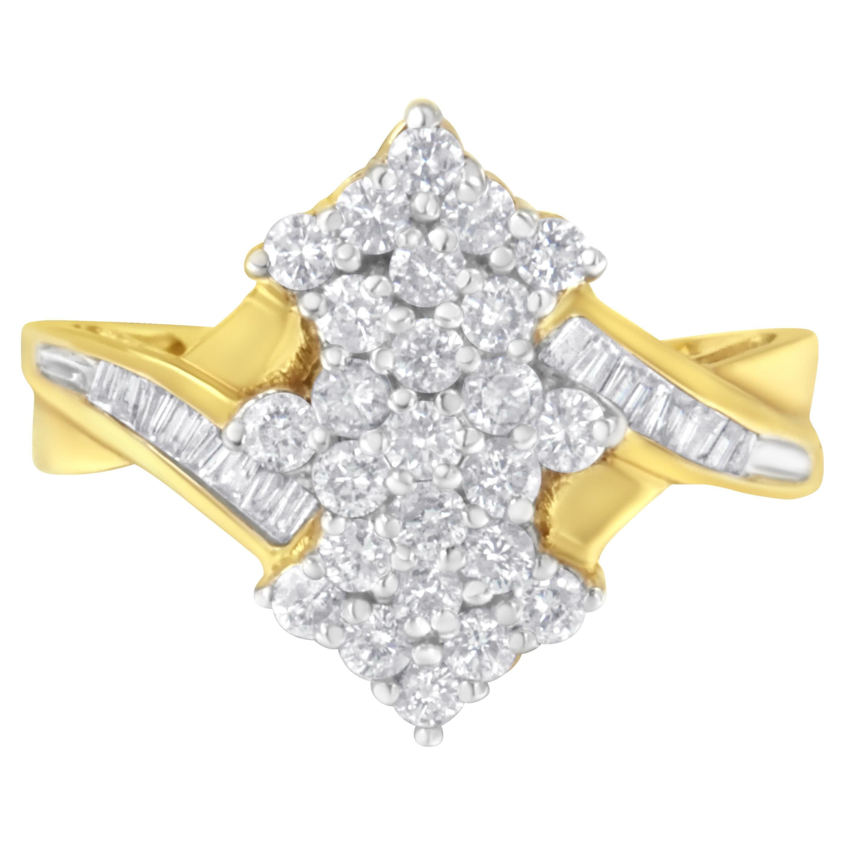 10K Yellow Gold Round and Baguette Cut 1 1/10 Carat Diamond Cluster Ring