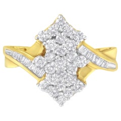 10K Yellow Gold Round and Baguette Cut 1 1/10 Carat Diamond Cluster Ring
