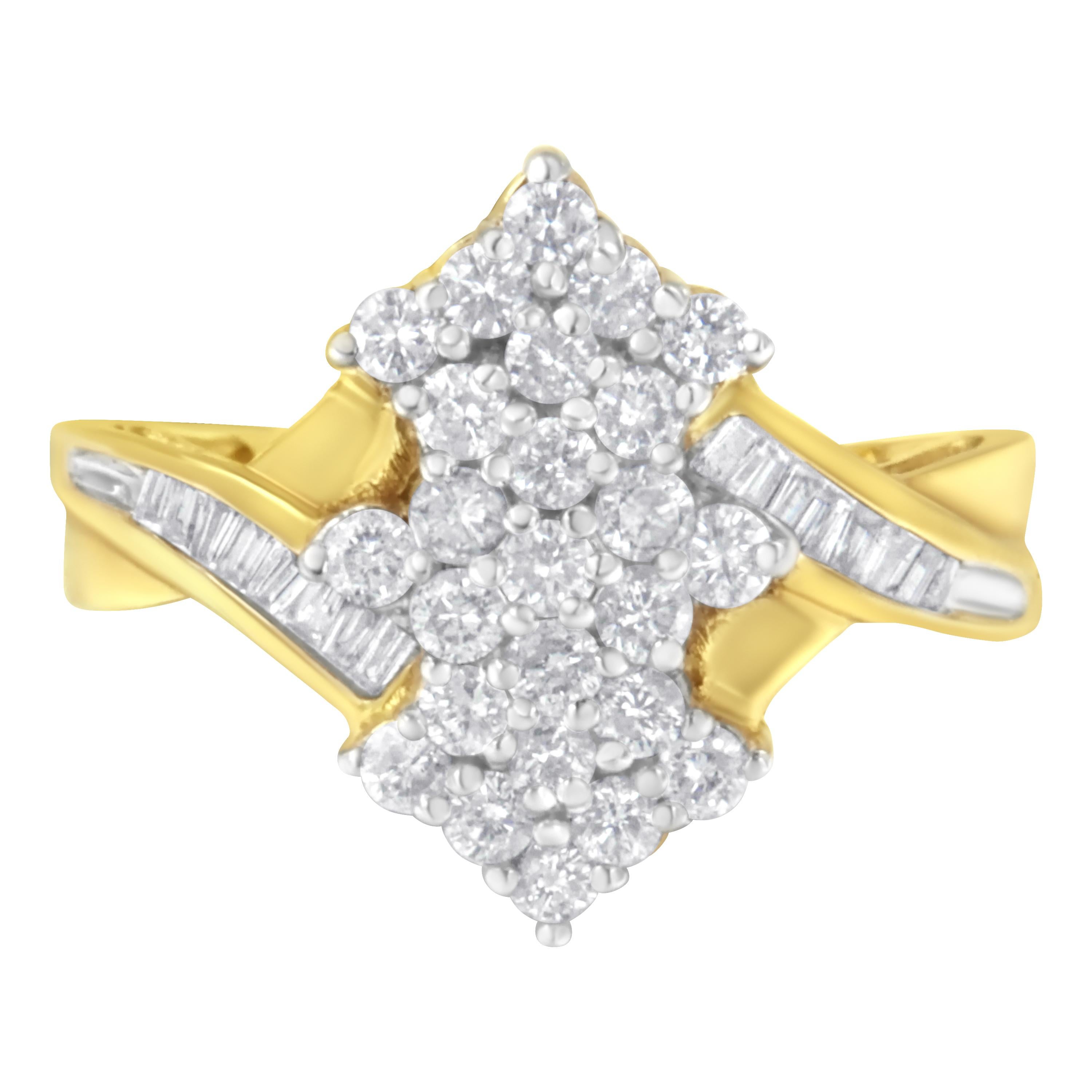 10K Yellow Gold Round And Baguette Cut 1 1/10 Cttw Diamond Cluster Ring