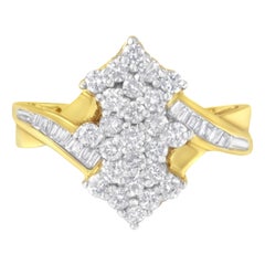 10K Yellow Gold Round And Baguette Cut 1 1/10 Cttw Diamond Cluster Ring
