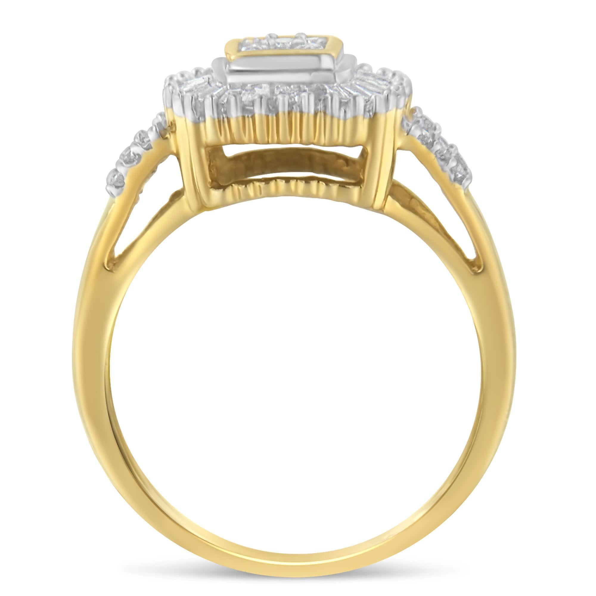 A stunning 10k yellow gold 1/2ct Ballerina diamond ring. Nine dazzling round diamonds are framed by baguette cut diamonds in a channel setting. Two ribbons split apart on each side of the top half holding the diamond design in place, and a few