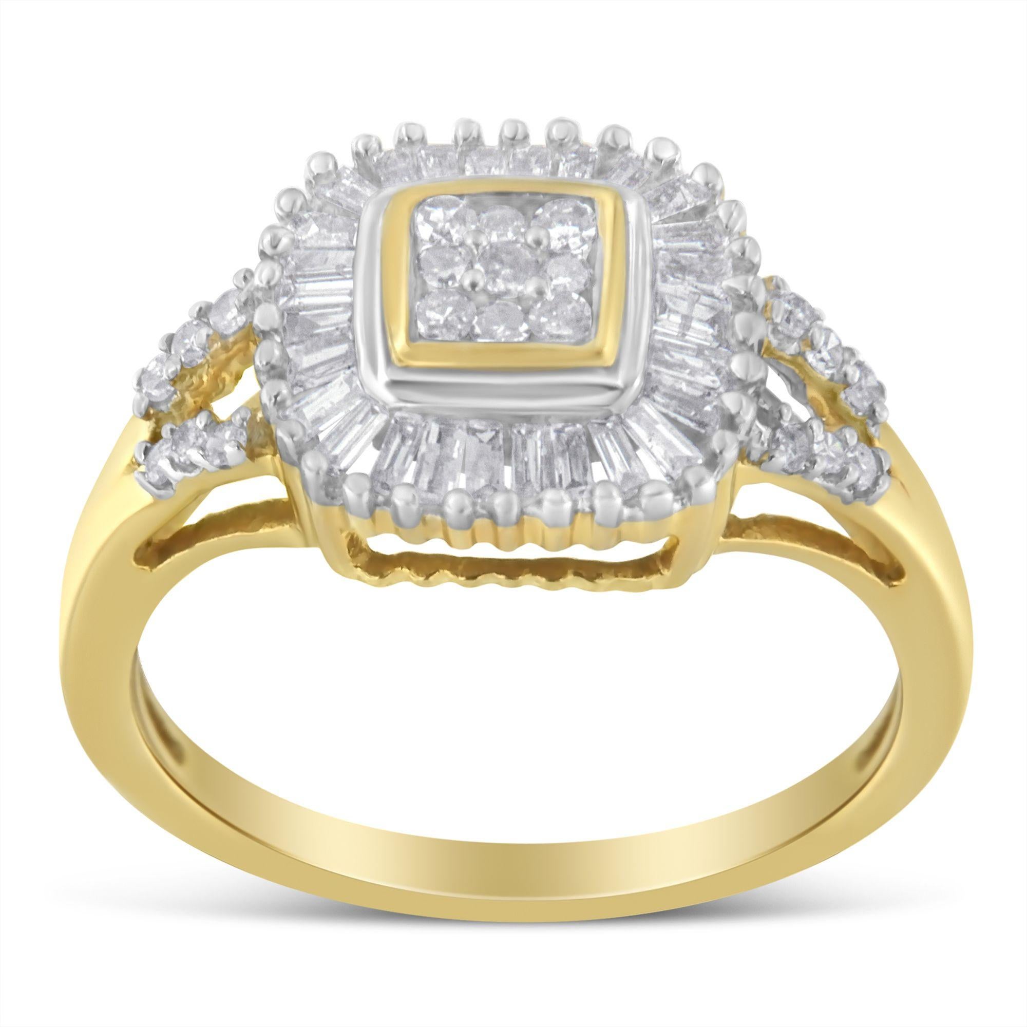 Modern 10K Yellow Gold Round and Baguette Cut 1/2 cttw Diamond Ballerina Ring For Sale