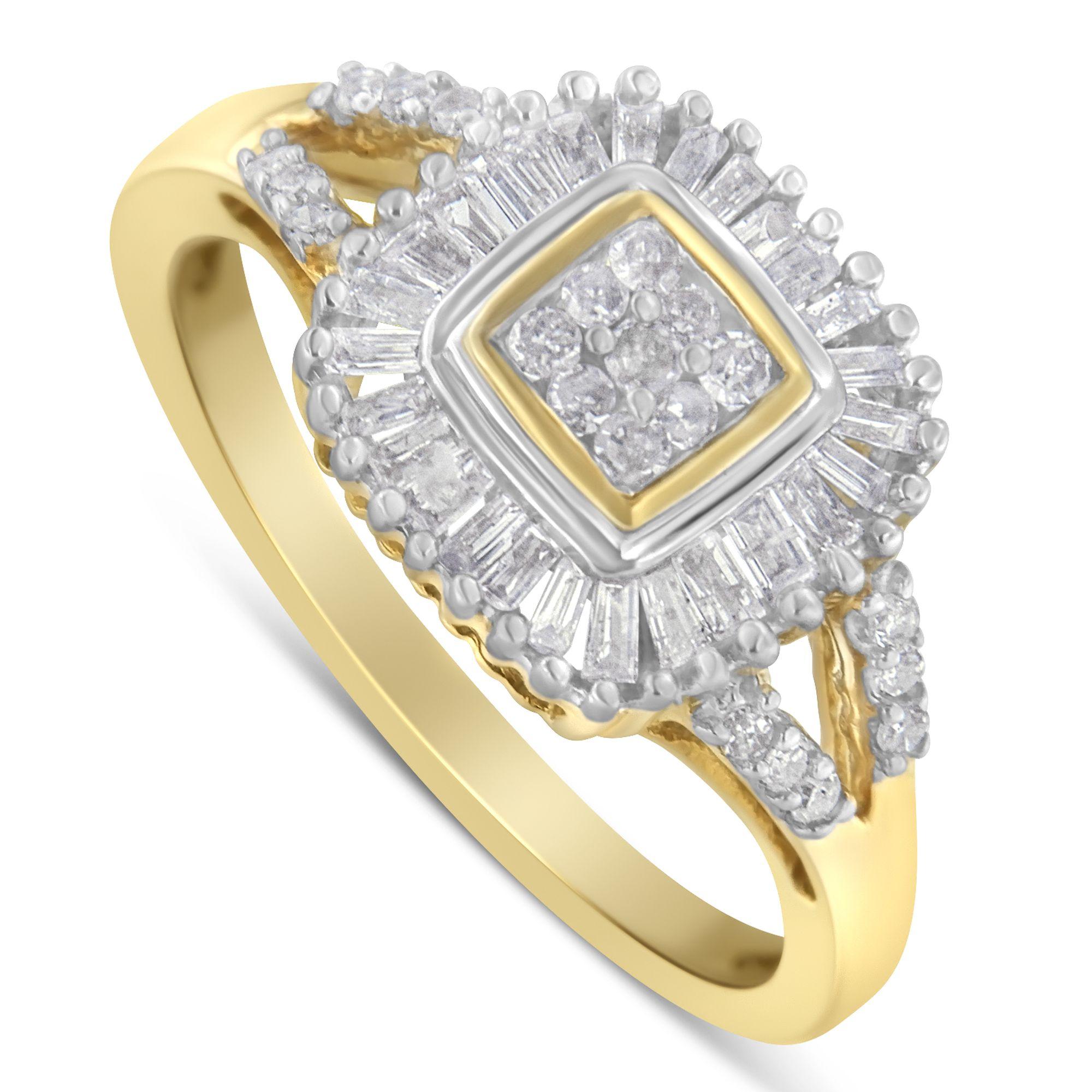 Round Cut 10K Yellow Gold Round and Baguette Cut 1/2 cttw Diamond Ballerina Ring For Sale