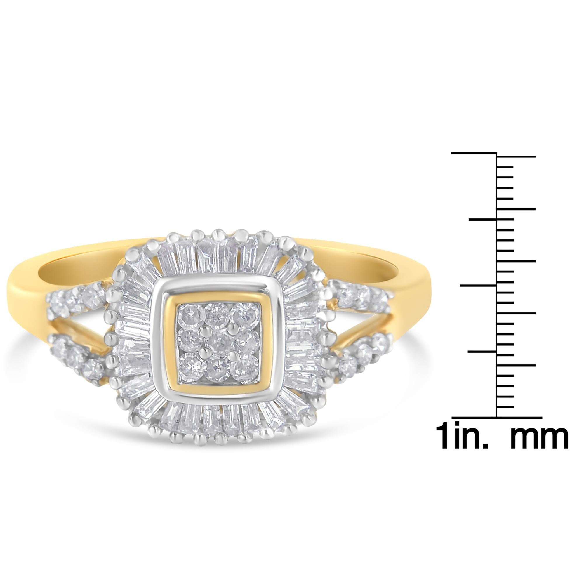10K Yellow Gold Round and Baguette Cut 1/2 cttw Diamond Ballerina Ring In New Condition For Sale In New York, NY
