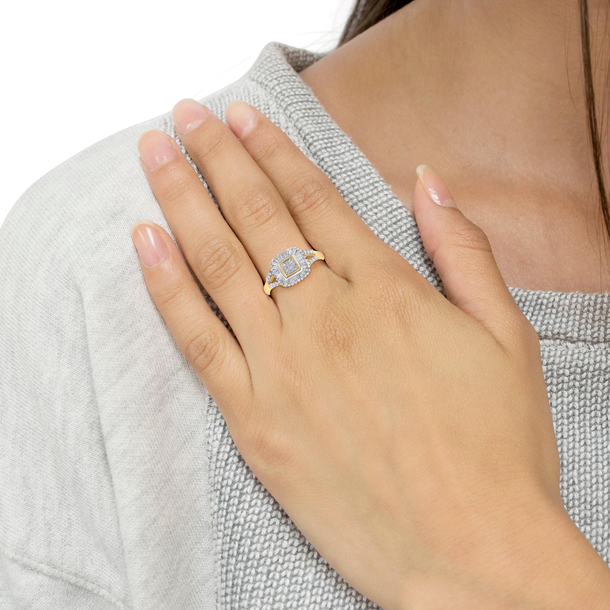 Women's 10K Yellow Gold Round and Baguette Cut 1/2 cttw Diamond Ballerina Ring For Sale