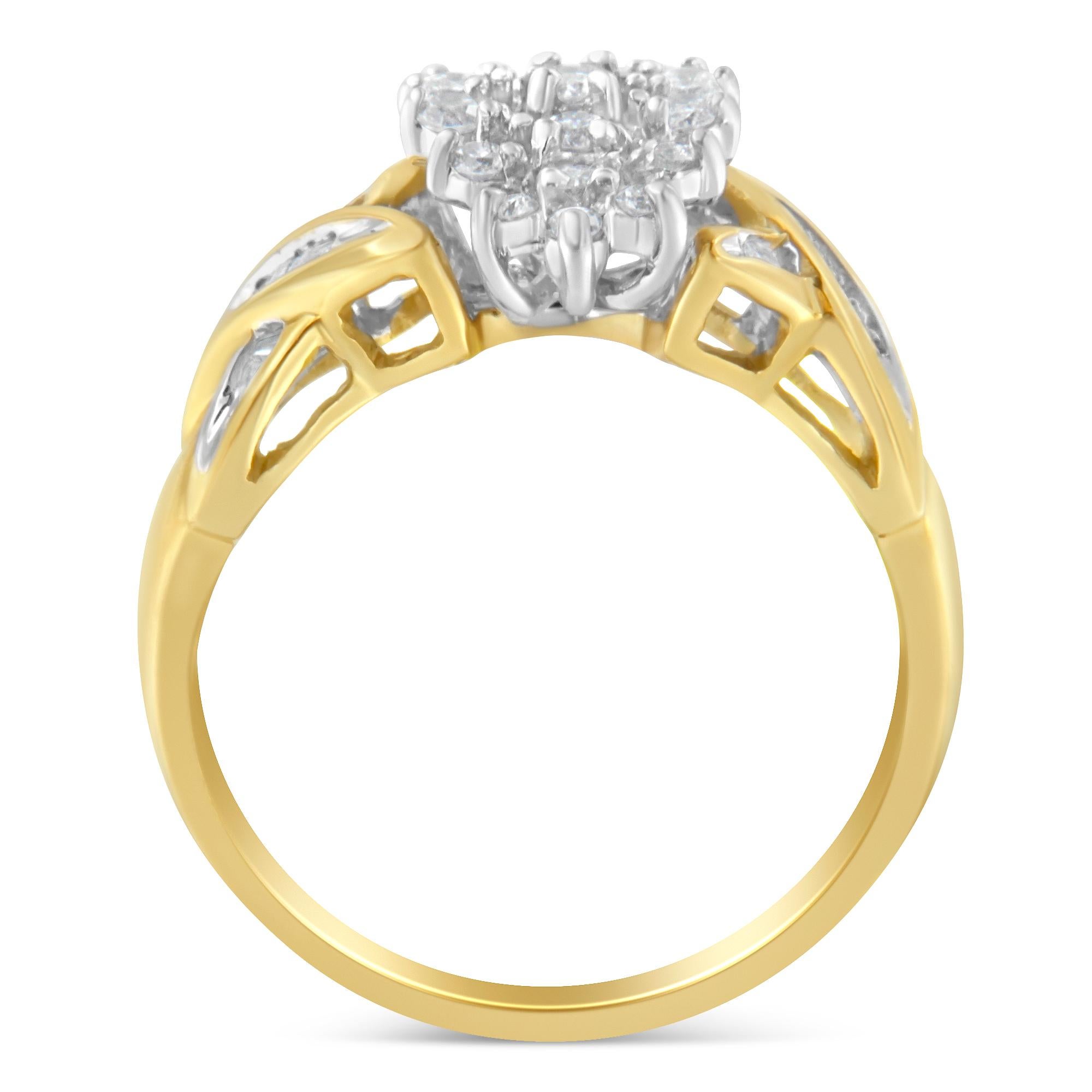Let yourself be dazzled by this 1/2ct TDW diamond ring. Glittering round cut diamonds create a star like center cluster. Two X shapes inlaid with channel set, baguette cut diamonds hold the design in place. Crafted in 10k yellow gold this is a ring