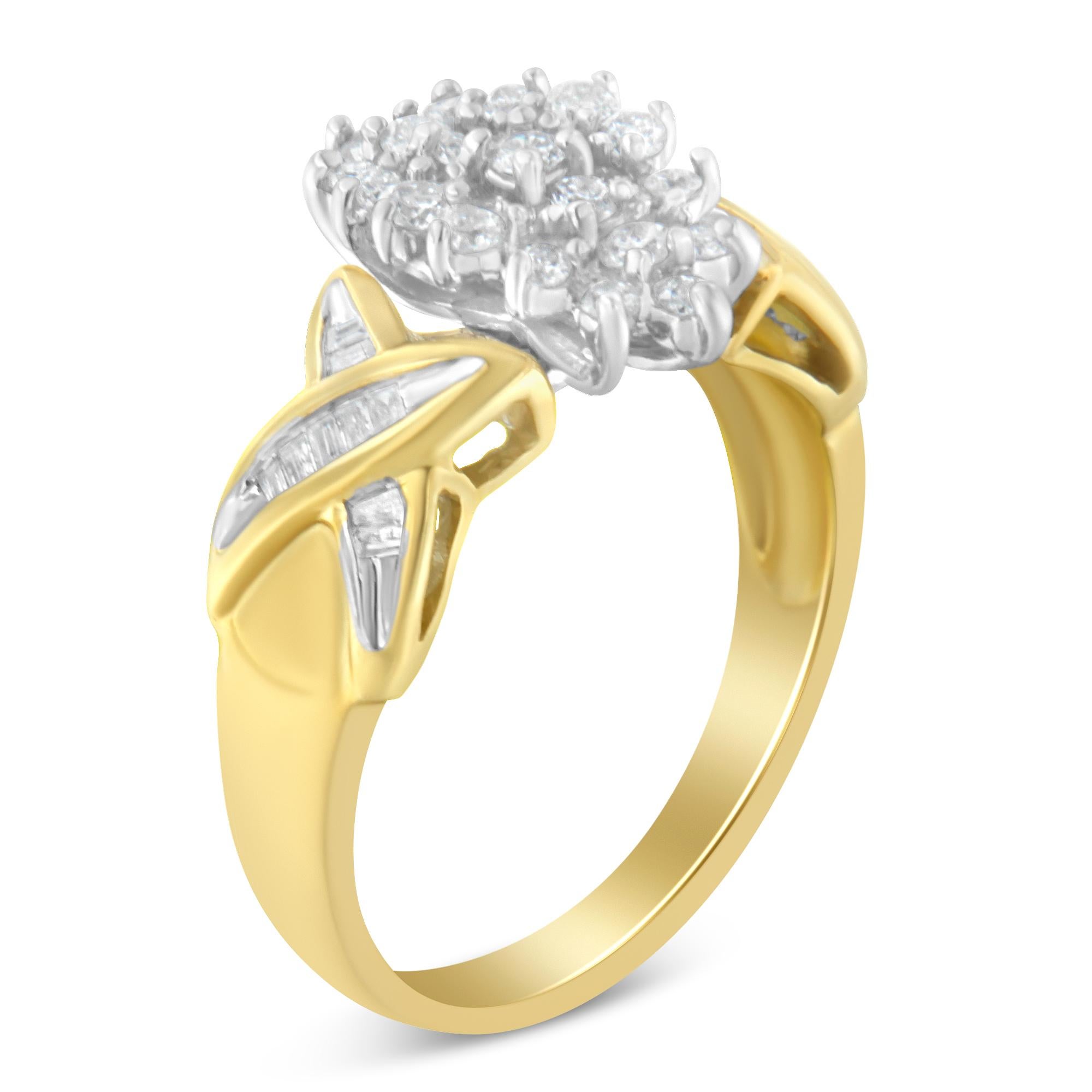 Round Cut 10K Yellow Gold Round And Baguette-Cut 1/2 Cttw Diamond Ring