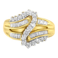 10K Yellow Gold Round and Baguette Cut 1 Cttw Diamond Bypass Ring