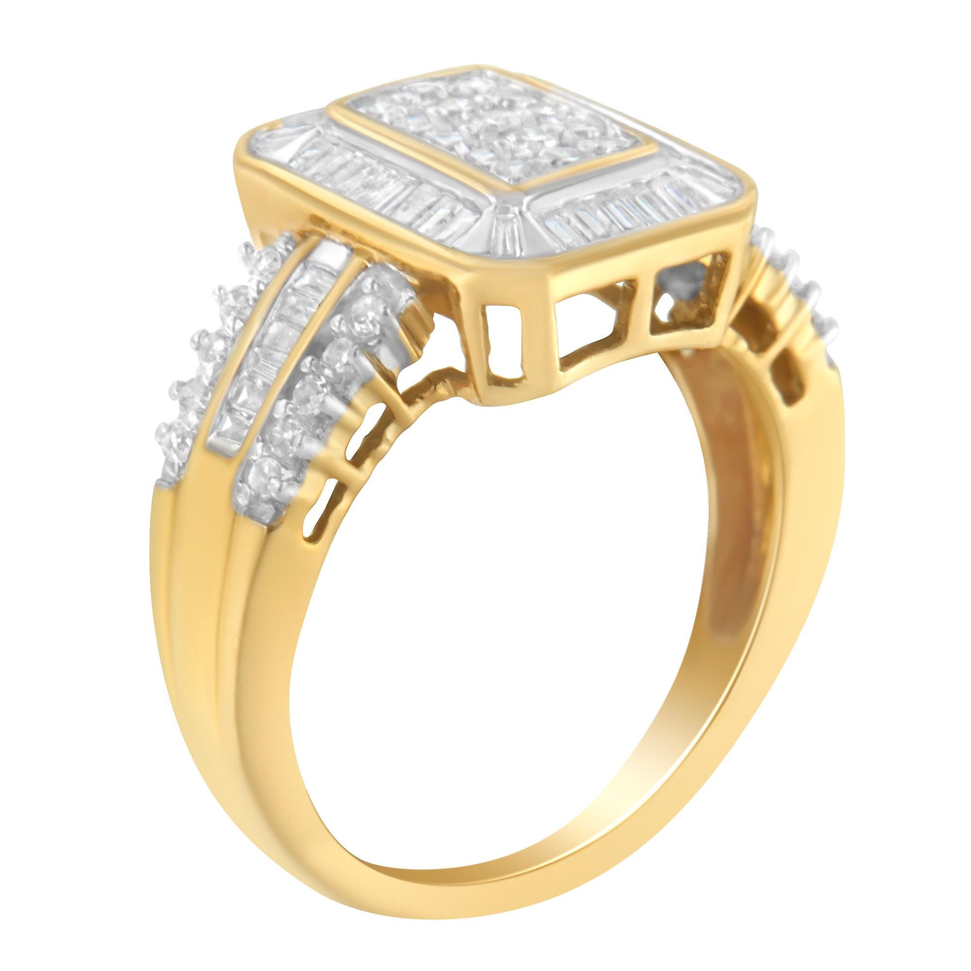 Taille ronde Bague en or jaune 10K à grappes de diamants ronds et baguettes de 1,0 ctw en vente