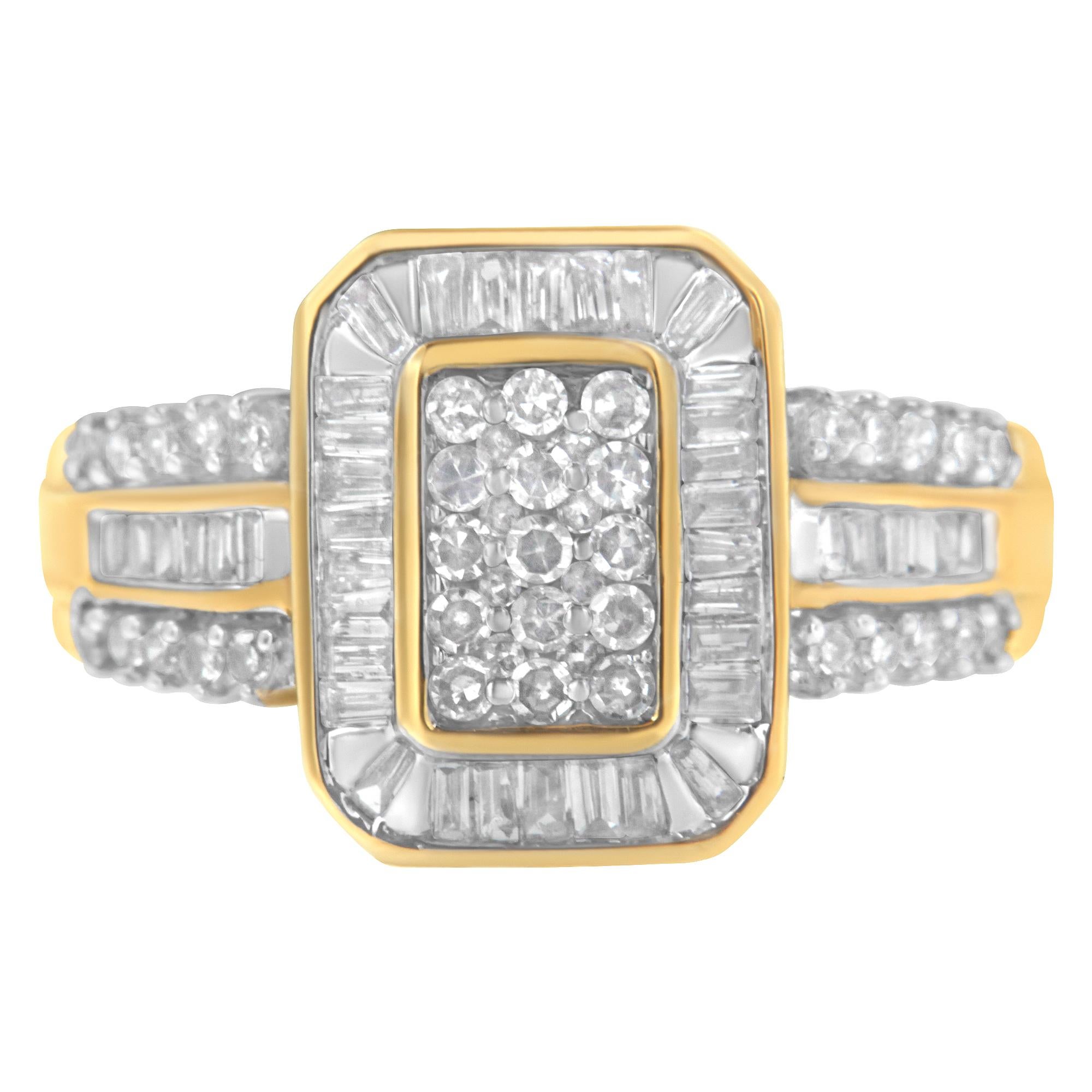 10K Yellow Gold Round and Baguette-Cut 1.0 Cttw Diamond Cluster Ring