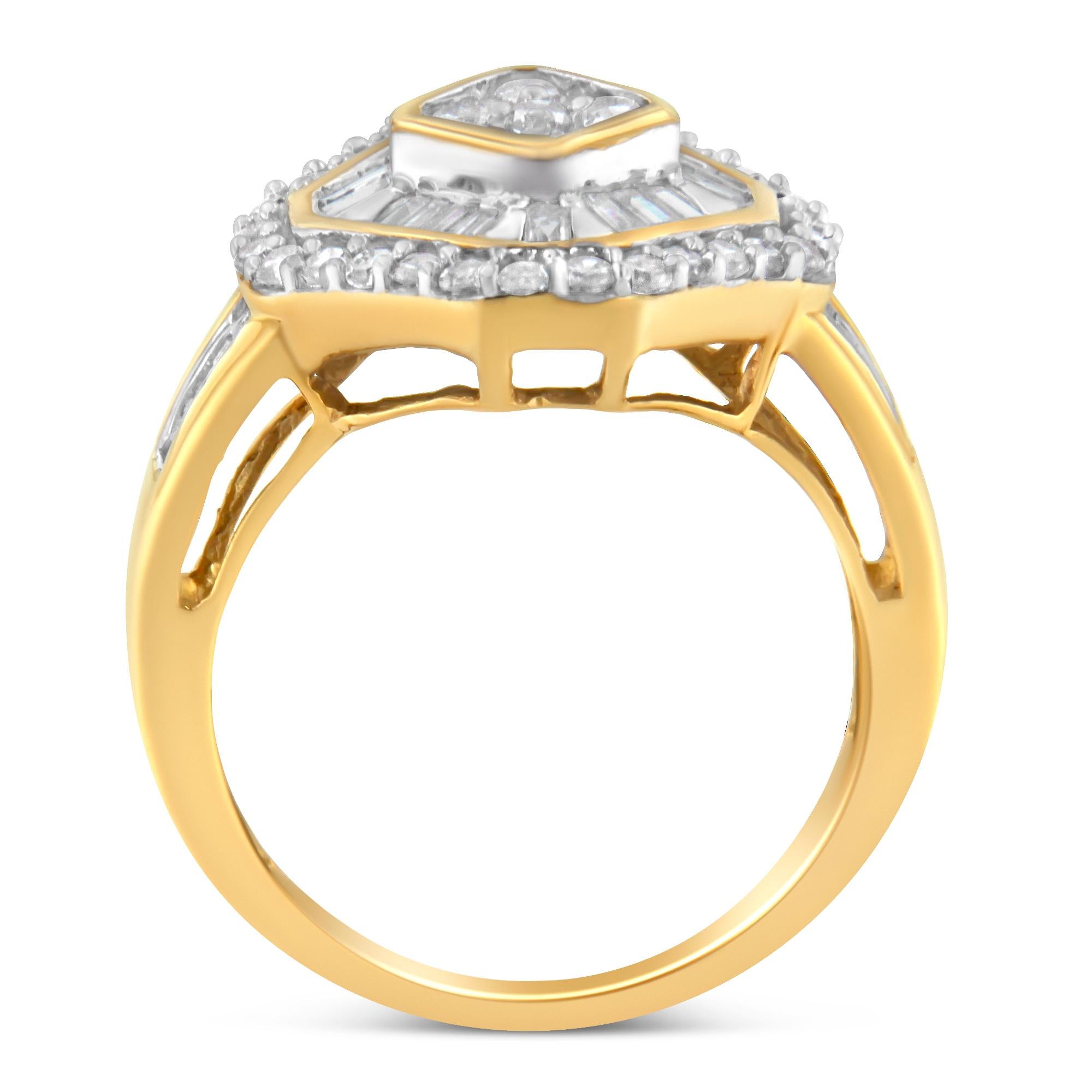 A striking diamond 10 karat yellow gold cocktail ring. This unique ring with an octagonal shape features a central cluster of diamonds surrounded by a partial halo of diamond baguettes and is finished with a further halo of round brilliant cut