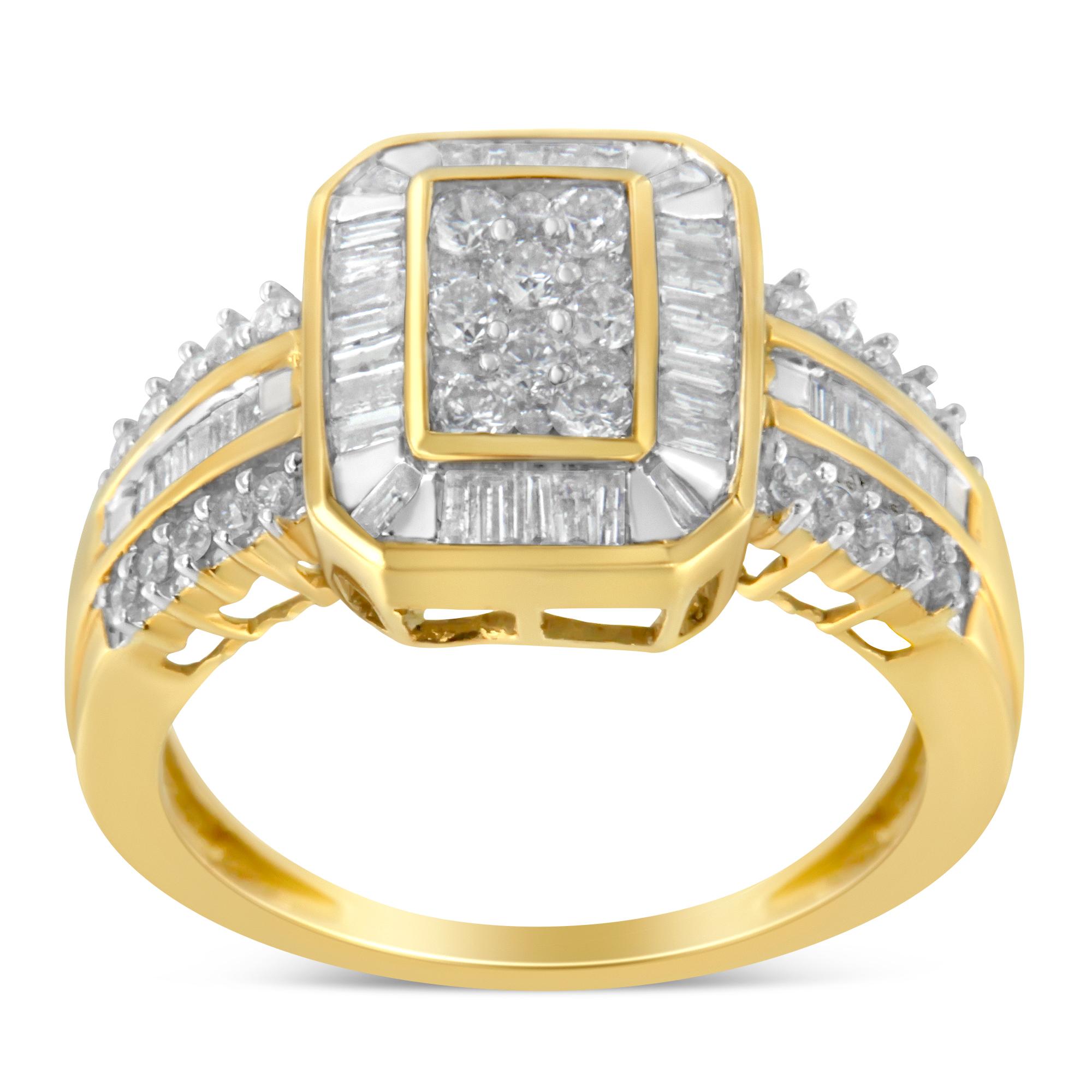 Moderne Bague cocktail en or jaune 10 carats, diamants taille ronde et baguette 1,0 carat en vente