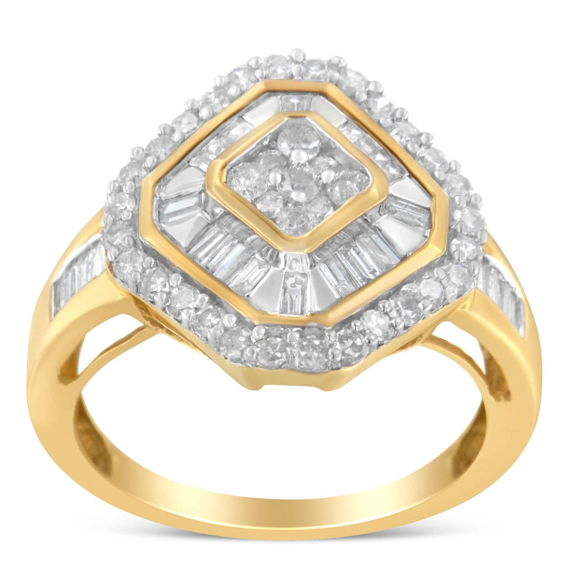 Modern 10K Yellow Gold Round and Baguette-Cut 1.0 Cttw Diamond Cocktail Ring For Sale