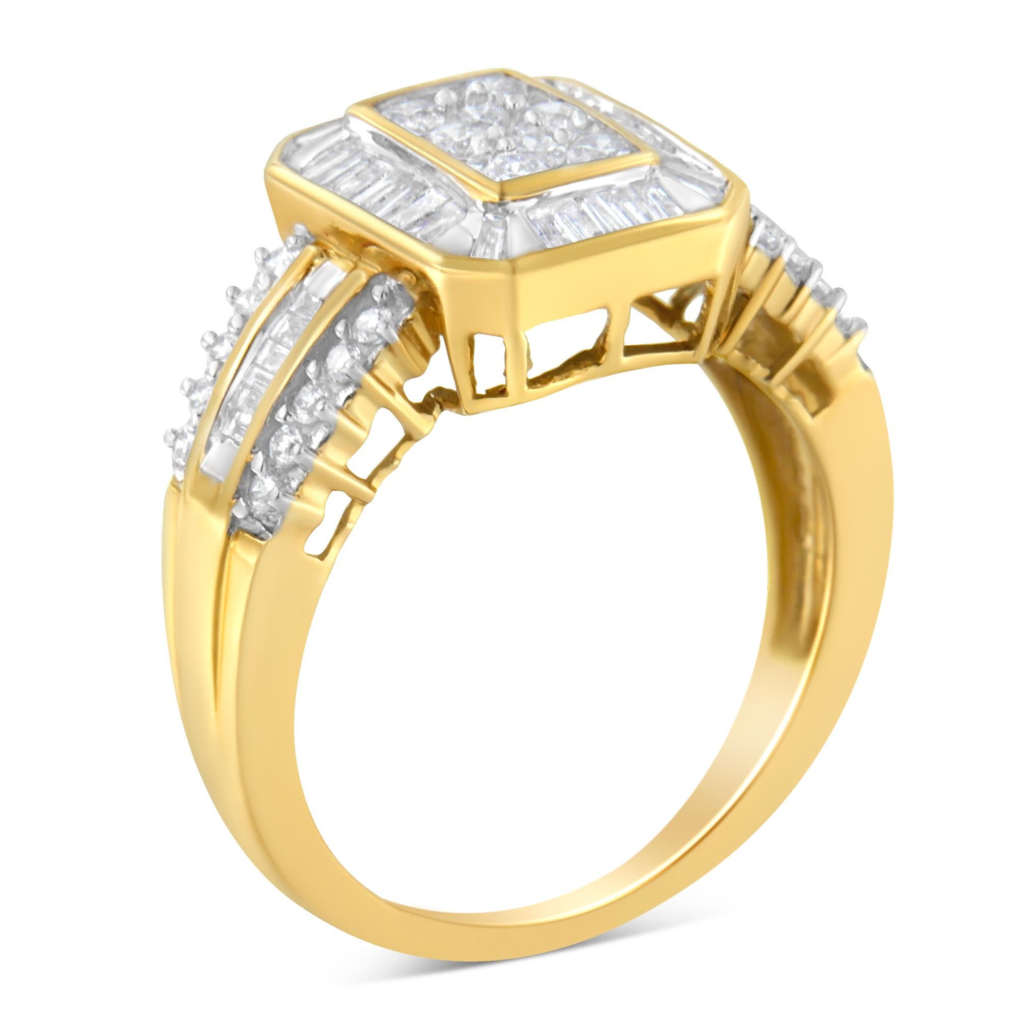 Taille ronde Bague cocktail en or jaune 10 carats, diamants taille ronde et baguette 1,0 carat en vente