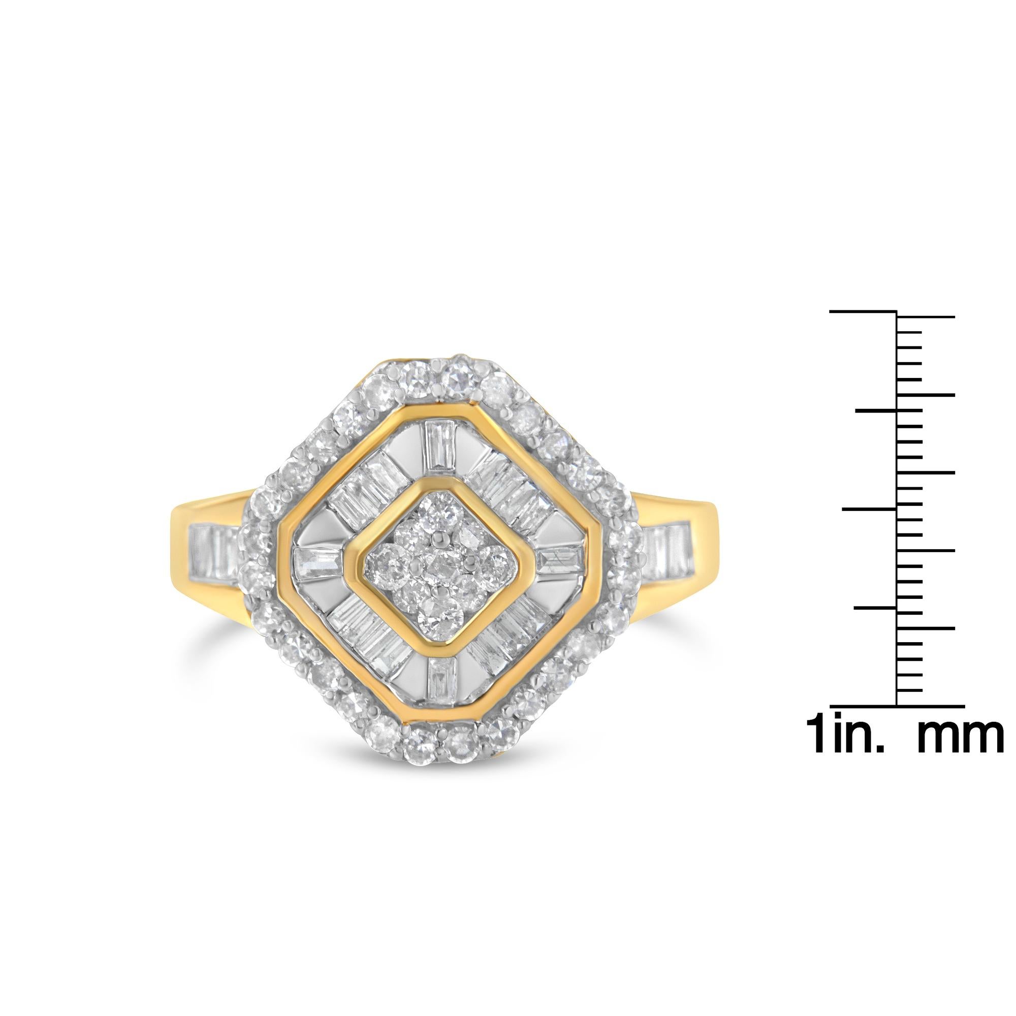 Round Cut 10K Yellow Gold Round and Baguette-Cut 1.0 Cttw Diamond Cocktail Ring For Sale