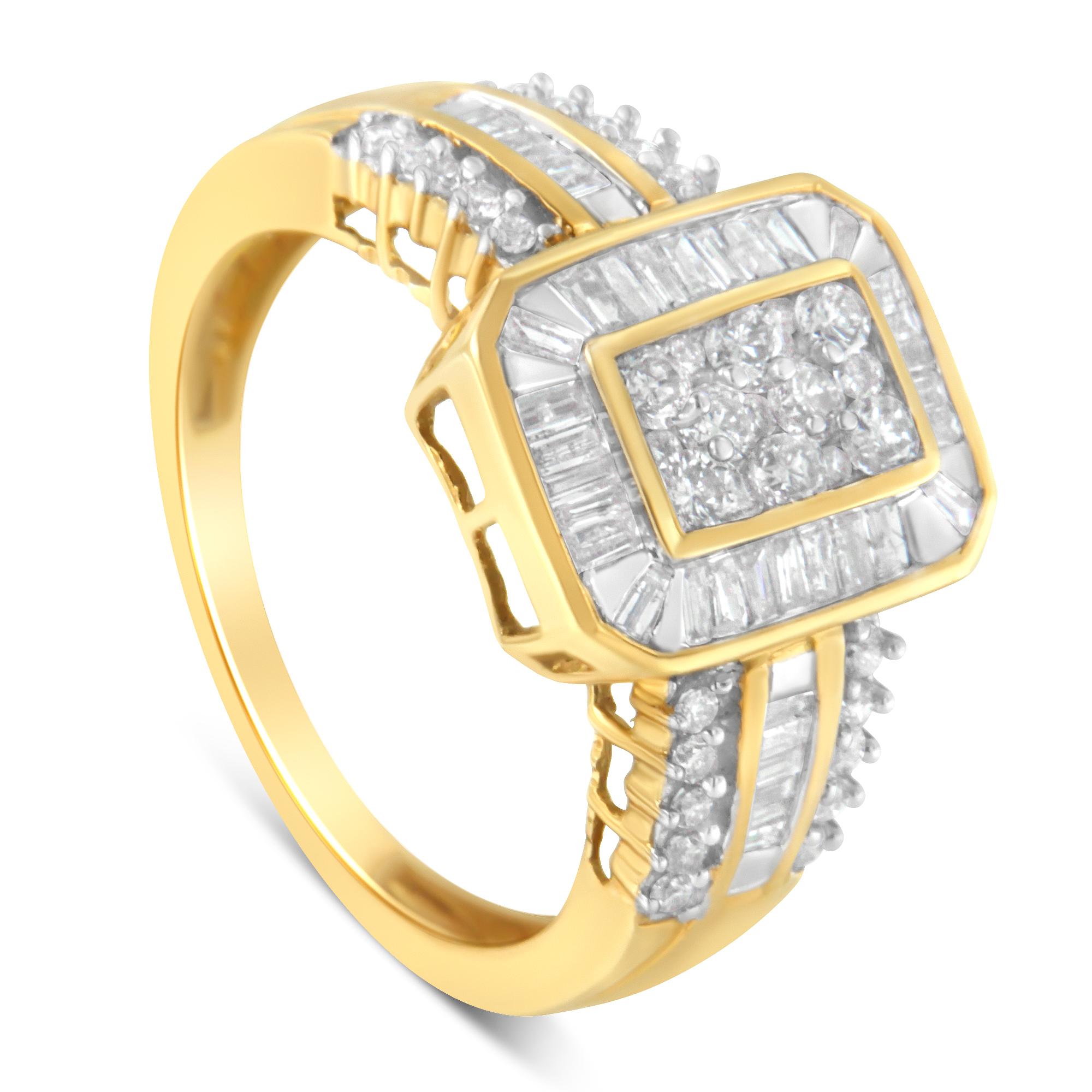 Bague cocktail en or jaune 10 carats, diamants taille ronde et baguette 1,0 carat Neuf - En vente à New York, NY
