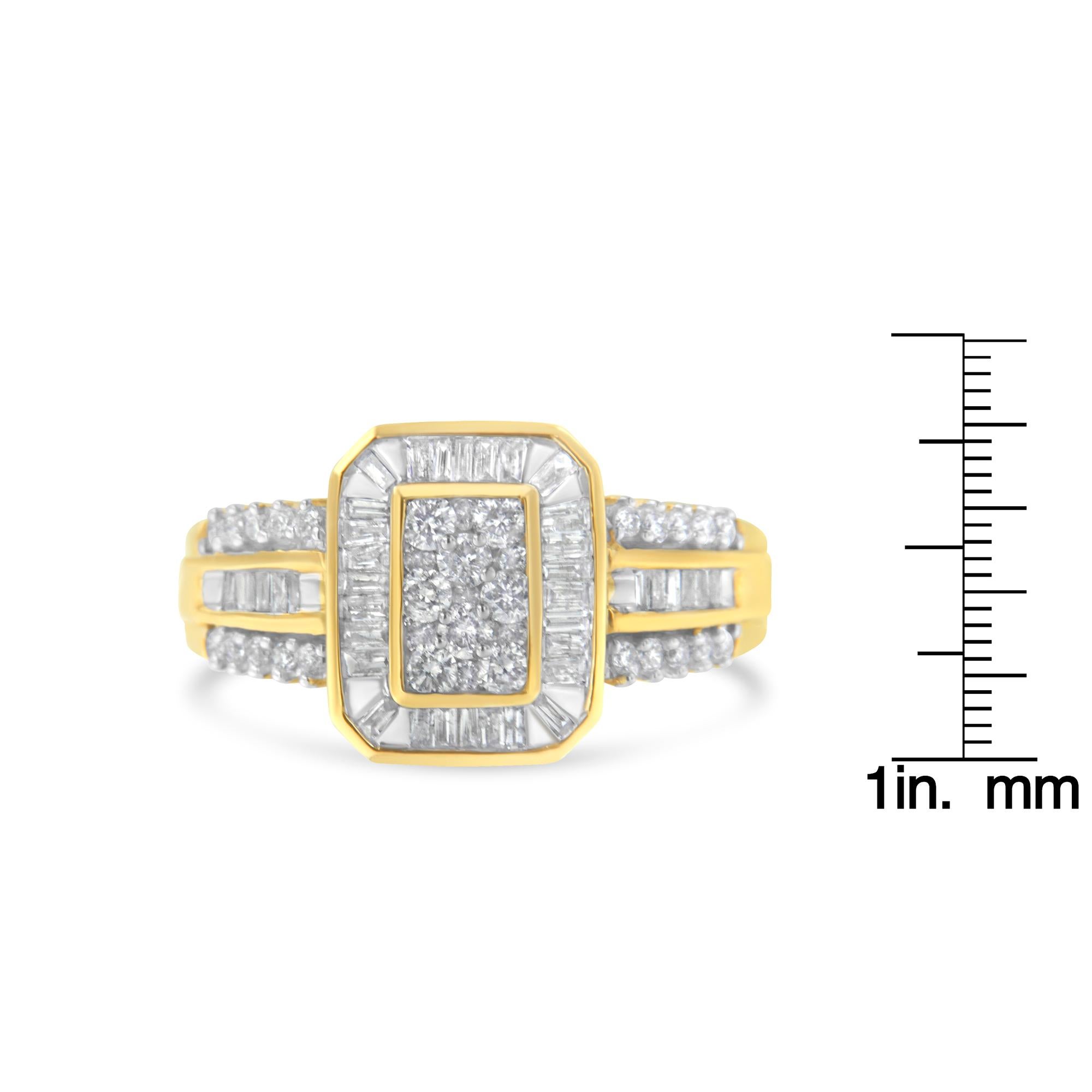 Bague cocktail en or jaune 10 carats, diamants taille ronde et baguette 1,0 carat Pour femmes en vente