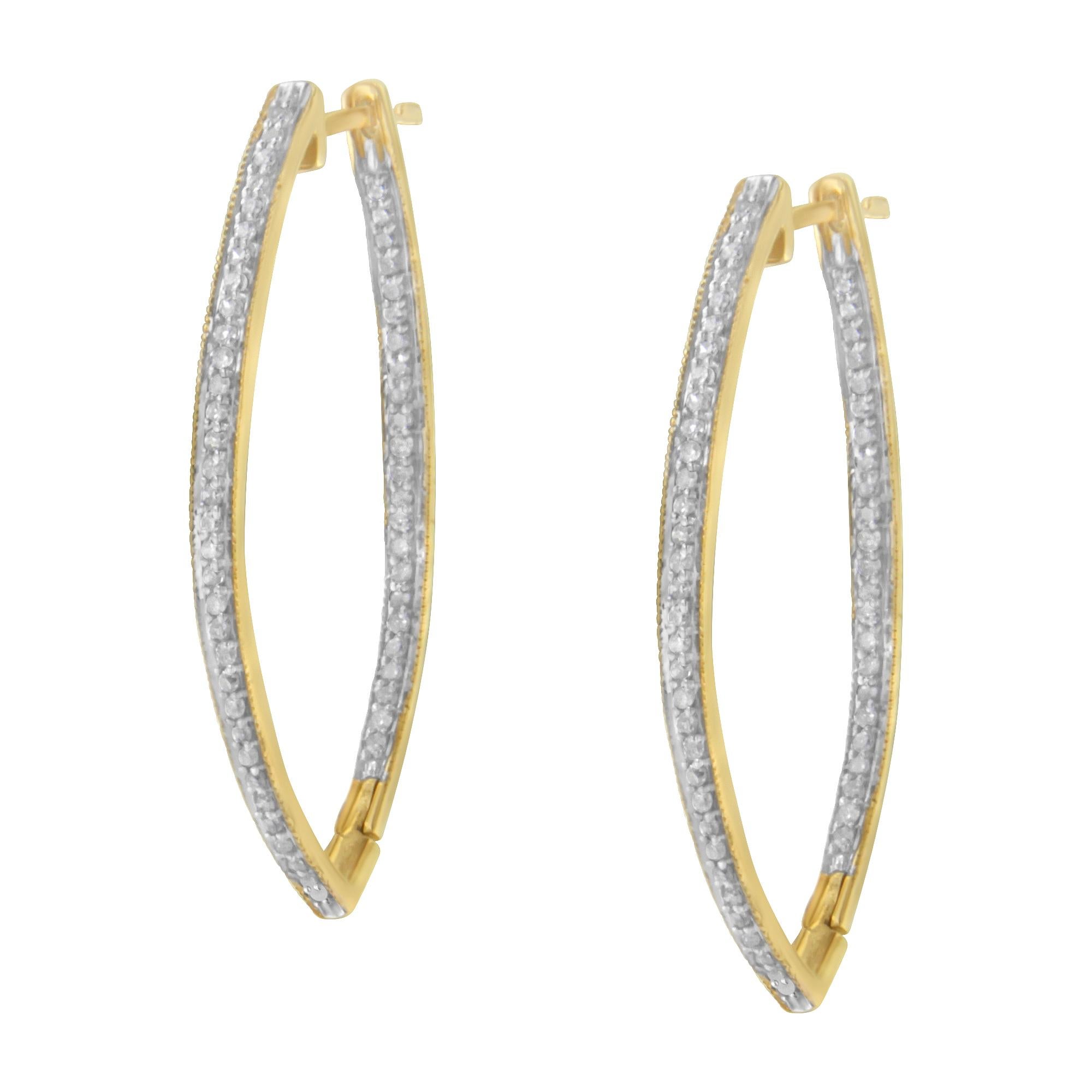 10K Yellow Gold Round Cut 1.0 Carat Diamond Hoop Earrings In New Condition For Sale In New York, NY
