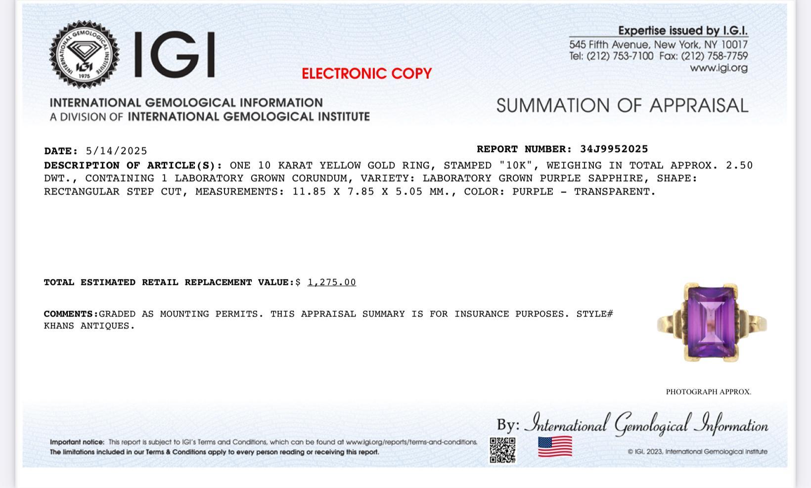 Anello Art Deco in oro giallo 10K certificato IGI  Zaffiro viola coltivato in laboratorio  Taglio a gradini rettangolare  Taglia 6,75

Questo elegante e probabile anello d'epoca Art Deco è realizzato in oro giallo da 9 a 10 carati, con un peso