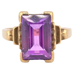 10K Yellow Gold Sapphire Ring Art Deco / Retro Era IGI Certified Size 6.75