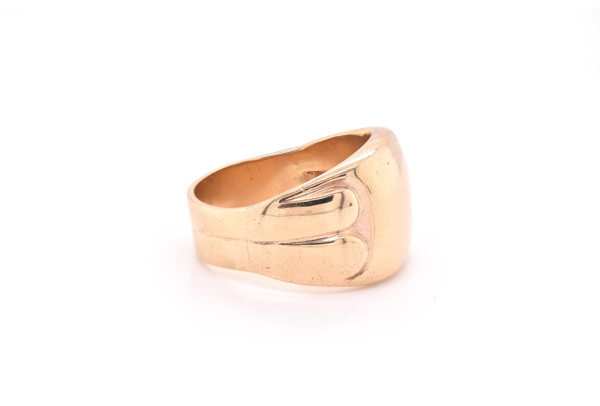 Material: 10k yellow gold
Size: 8 ½ (please allow two additional shipping days for sizing requests)
Dimensions: ring top measures 14.35mm in width
Weight: 11.88 grams

