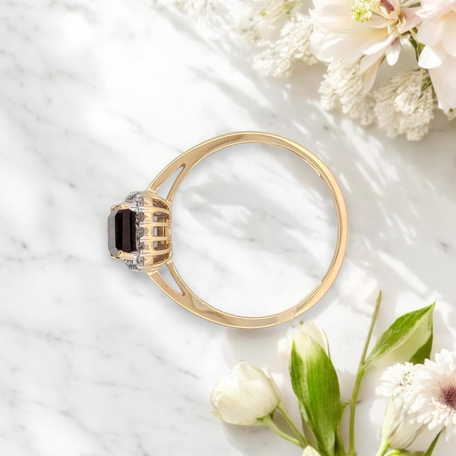 Modern Lunaria  10k Yellow Gold Smoky Quartz and Diamond Halo Ring Size 7.5 For Sale