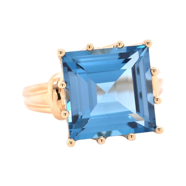 10 Karat Yellow Gold Square Step-Cut Blue Topaz Ring For Sale at ...