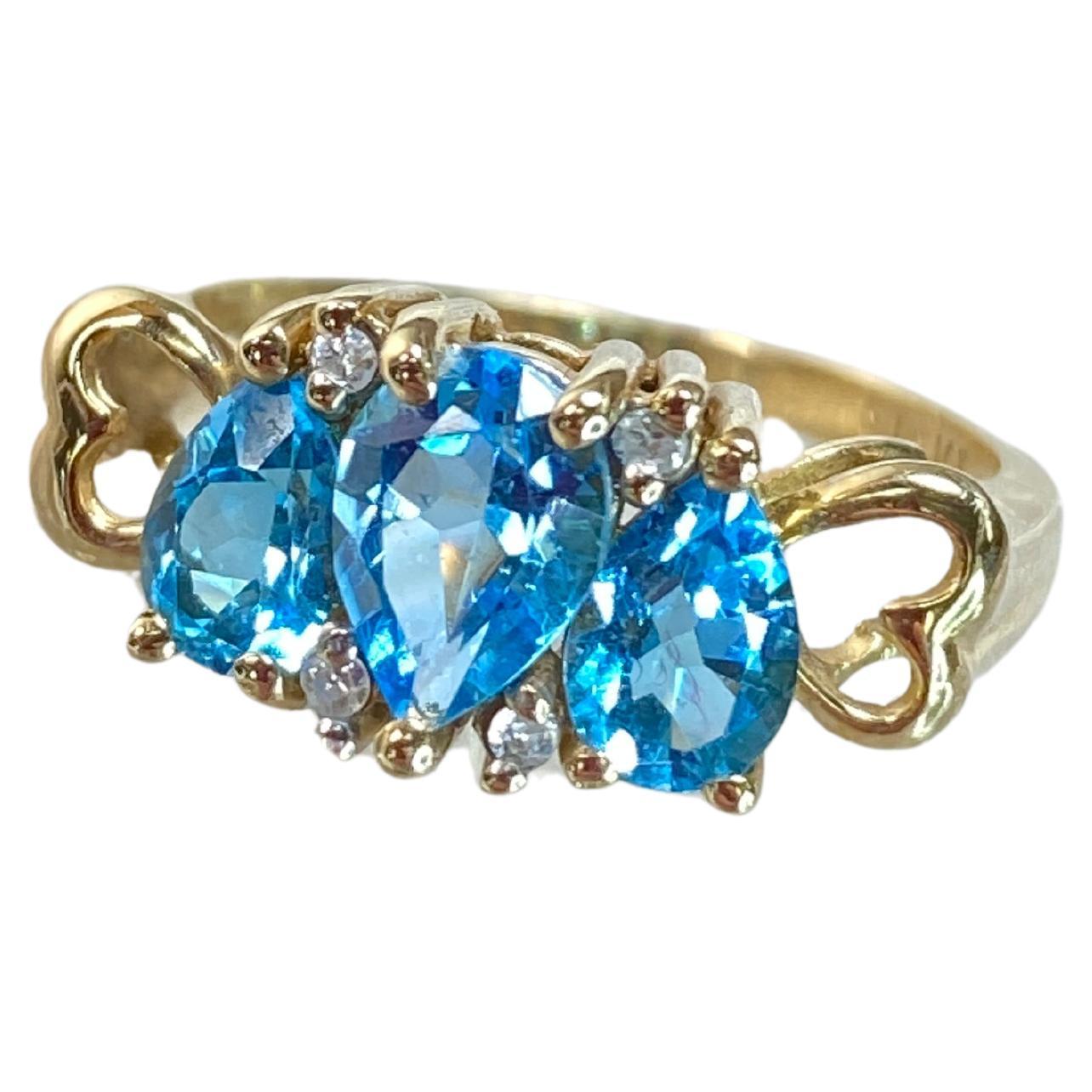 10K Yellow Gold Swiss Blue Topaz White Sapphire 3 Stone Anniversary Ring Size 6 For Sale